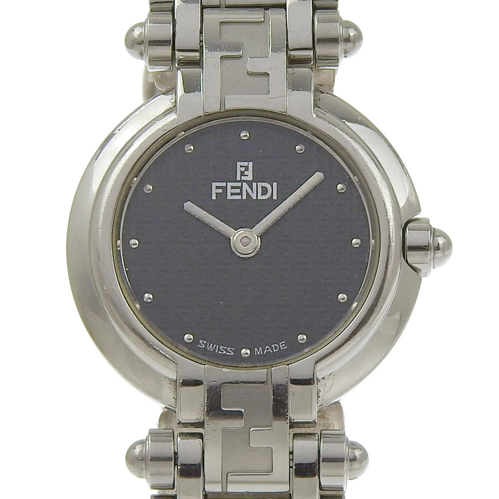 FENDI Wristwatch Stainless Steel: FENDI Wristwatch Stainless Steel Stainless steel case and band add a sleek touch to this black quartz Fendi wristwatch, measuring 25mm in diameter. With its visible wear and scratches, this pre-owned