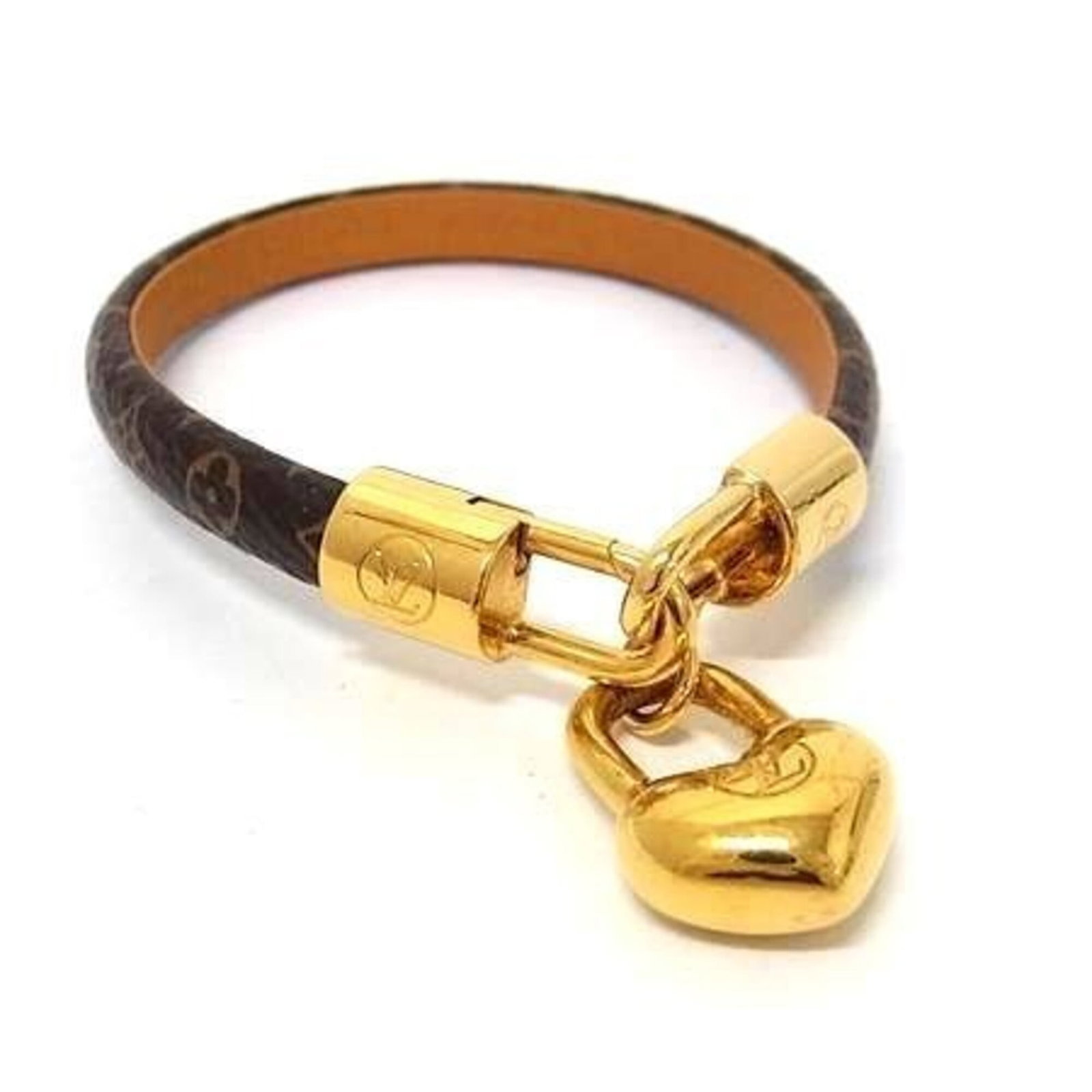 LOUIS VUITTON Charm Bracelet Monogram: LOUIS VUITTON Charm Bracelet Monogram Charm bracelet featuring the iconic Louis Vuitton monogram in brown and gold, with a length of 19cm. The item bears visible signs of wear, including scratches and