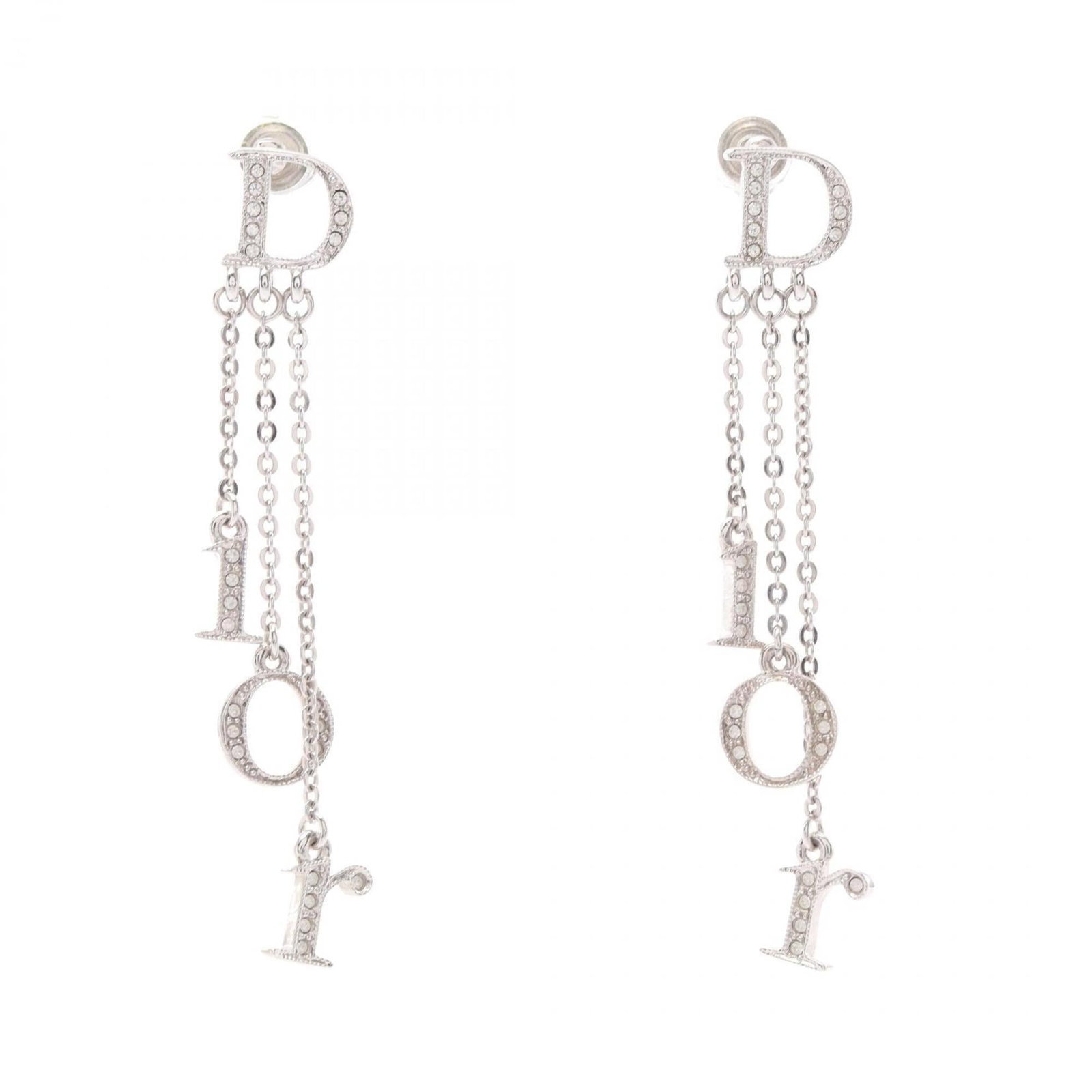 CHRISTIAN DIOR Drop Earrings Metal Rhinestone: CHRISTIAN DIOR Drop Earrings Metal Rhinestone Drop earrings featuring metal and clear rhinestones from Christian Dior, with a silver finish and a size of 63.00mm x 10.00mm. Gently used with minor