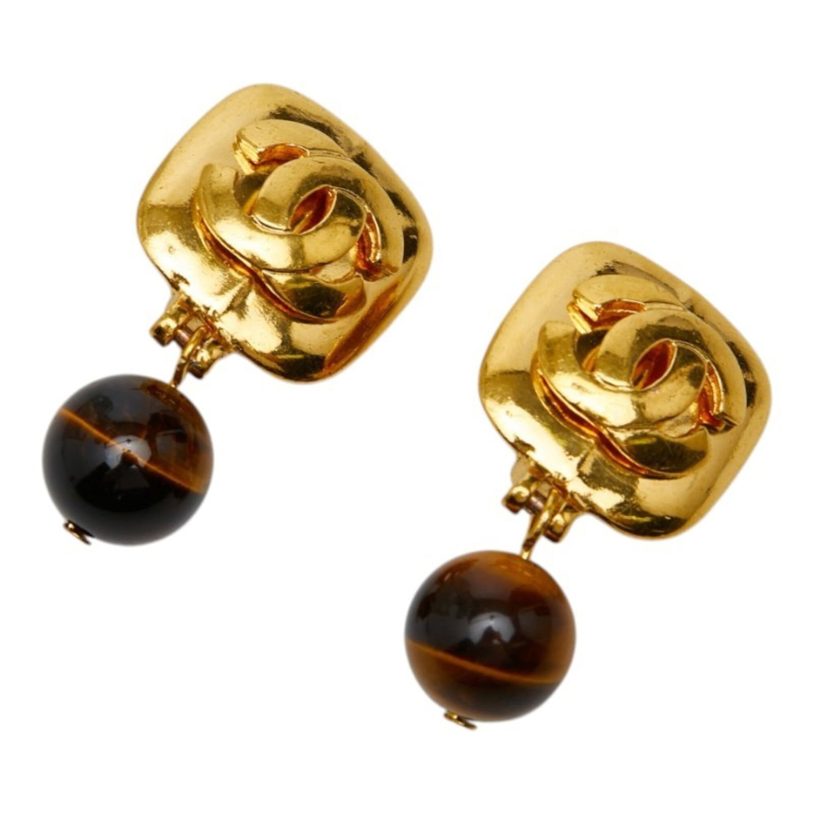 CHANEL Clip Earrings Gold Plating: CHANEL Clip Earrings Gold Plating Clip earrings in gold plating with a brown finish, measuring 37.90mm x 20.50mm. The item bears visible scratches, scuffs, and dirt, but remains fully functional. Item