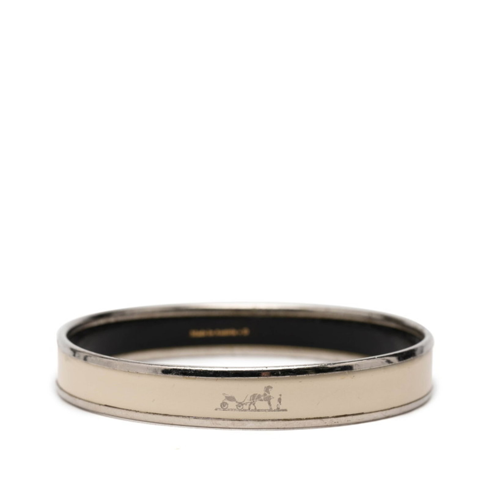 HERMES Bangle Enamel Metal: HERMES Bangle Enamel Metal Enamel and metal come together in this 19cm/7.48'' ivory and silver Hermes bangle, bearing visible signs of wear. Scratches and scuffs are present, but the item remains