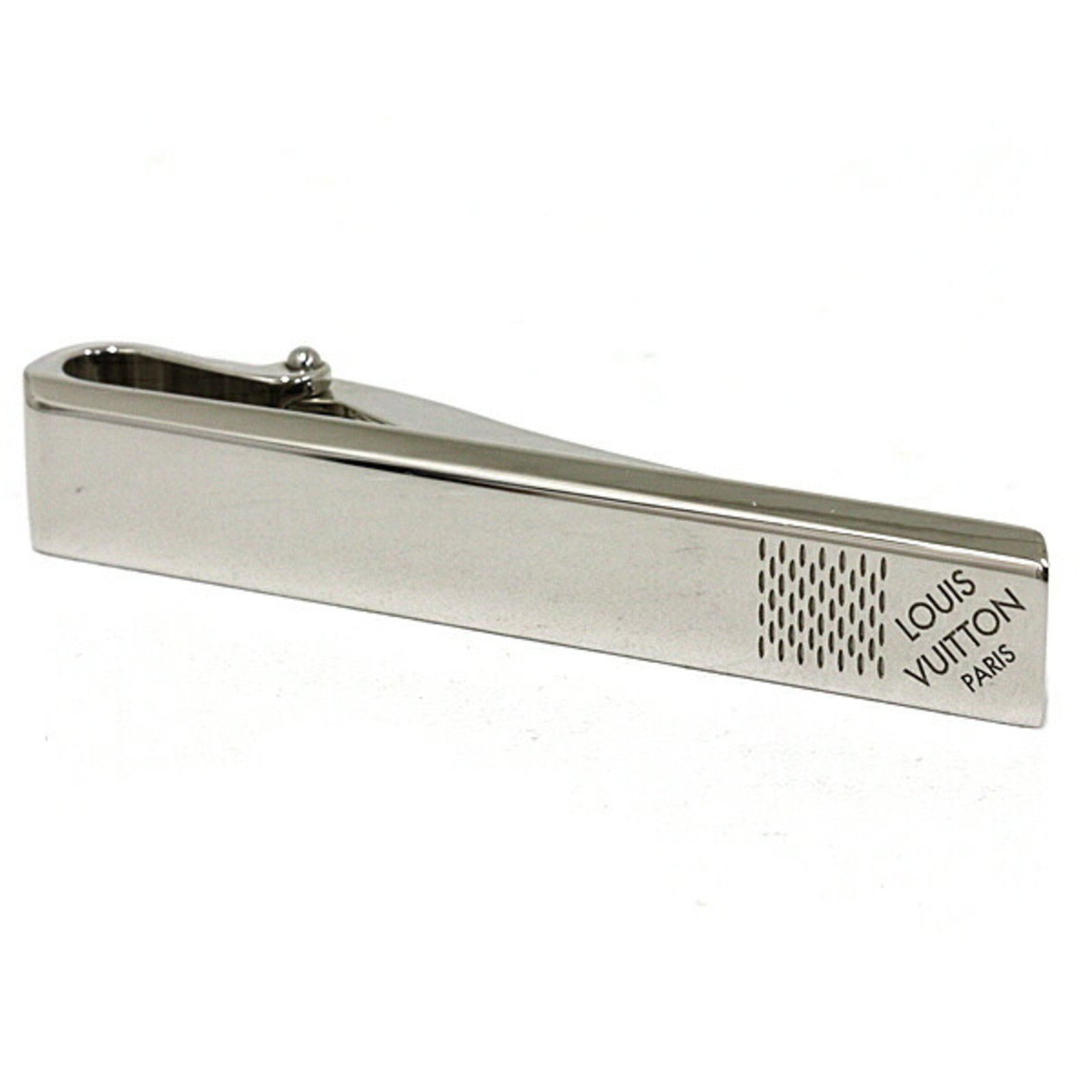 LOUIS VUITTON Tie Pin Metal: LOUIS VUITTON Tie Pin Metal Silver Louis Vuitton Tie Pin Metal, 12.00mm x 60.00mm x 10.00mm, made from metal with a silver finish. The item bears a signature and is from Italy, with minor signs of wea