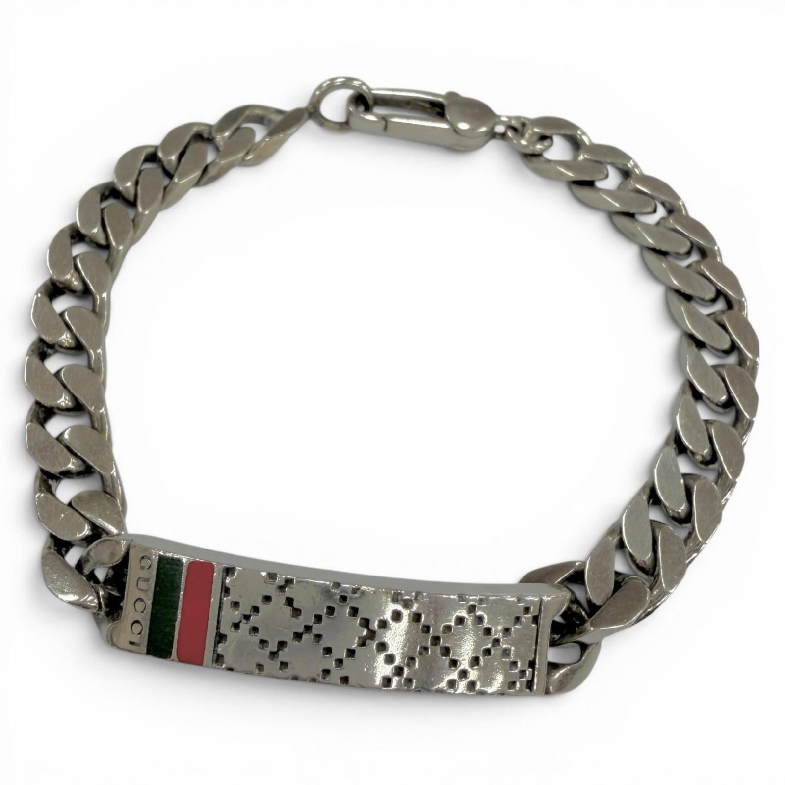 GUCCI Charm Bracelet Silver 925: GUCCI Charm Bracelet Silver 925 Silver 925 Charm Bracelet from Gucci, Italy, featuring a classic design with visible wear and scratches. This 18.3cm long charm bracelet is made from high-quality