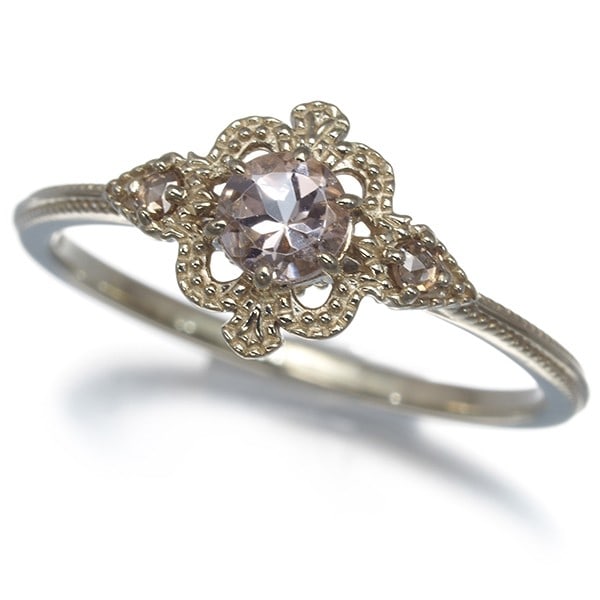 Agete Ring Morganite Rose-Cut Diamond Milgrain Openwork 10K Yg: Agete Ring Morganite Rose-Cut Diamond Milgrain Openwork 10K Yg Agete Ring Morganite Rose-Cut Diamond Milgrain Openwork 10K Yellow Gold features a natural morganite stone and a rose-cut diamond, set in