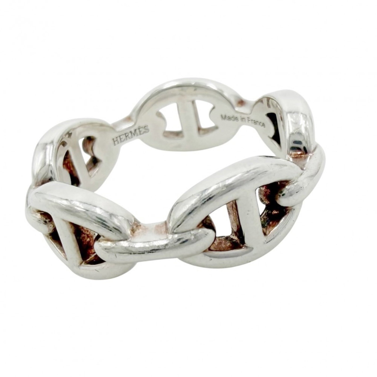 HERMES Band Ring Silver 925: HERMES Band Ring Silver 925 Silver 925 band ring from Hermes features a sleek design, bearing visible signs of wear and scratches. This pre-owned item is made from high-quality silver and is in good