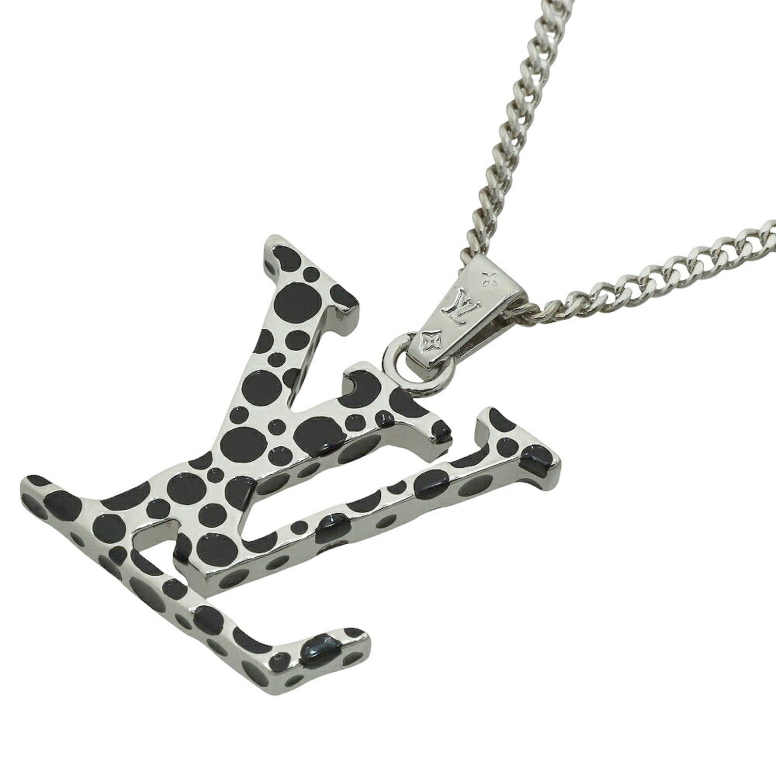 LOUIS VUITTON Metal: LOUIS VUITTON Metal Black Louis Vuitton Metal Infinity Dot Pendant Necklace with a 59.5 cm chain, featuring a 30mm x 23mm metal pendant with no stone. Gently used with minor signs of wear, including s