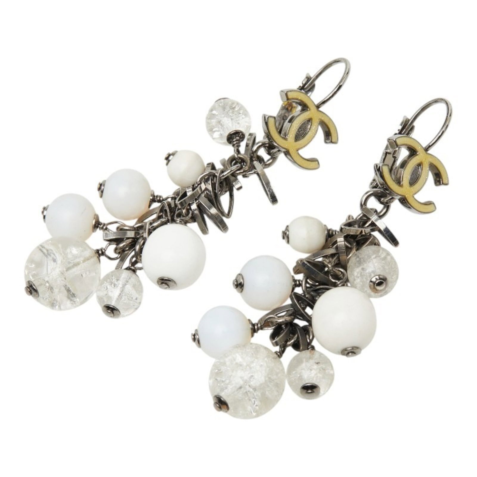 CHANEL Drop Earrings Metal: CHANEL Drop Earrings Metal Silver and yellow metal Chanel drop earrings with visible scratches and scuffs, offering a unique, pre-owned accessory. Made from durable metal, these earrings showcase the 