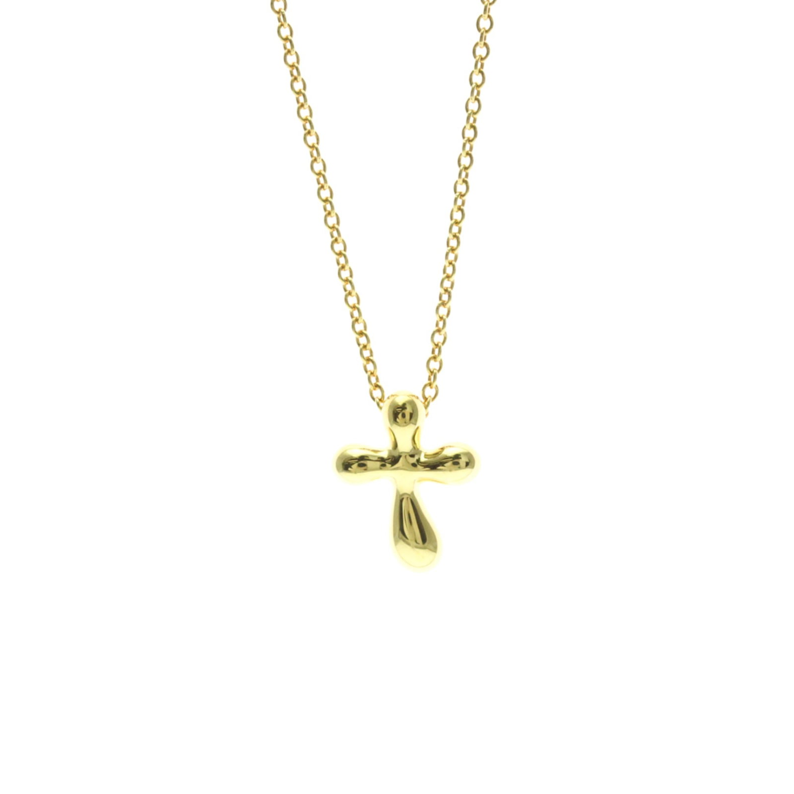 TIFFANY Yellow Gold (18K): TIFFANY Yellow Gold (18K) Yellow gold (18K) pendant necklace from Tiffany, featuring a small cross design in a fashion style. This gently used necklace has minor signs of wear, with small scratches or