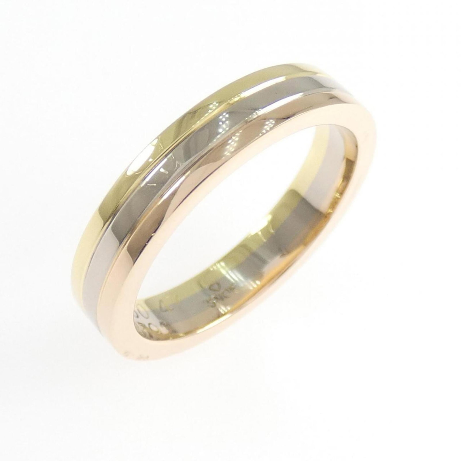 CARTIER Band Ring Pink Gold (18K) White Gold (18K) Yellow Gold (18K): CARTIER Band Ring Pink Gold (18K) White Gold (18K) Yellow Gold (18K) Pink gold, white gold, and yellow gold come together in this elegant Cartier band ring, available in 18K purity. The ring features