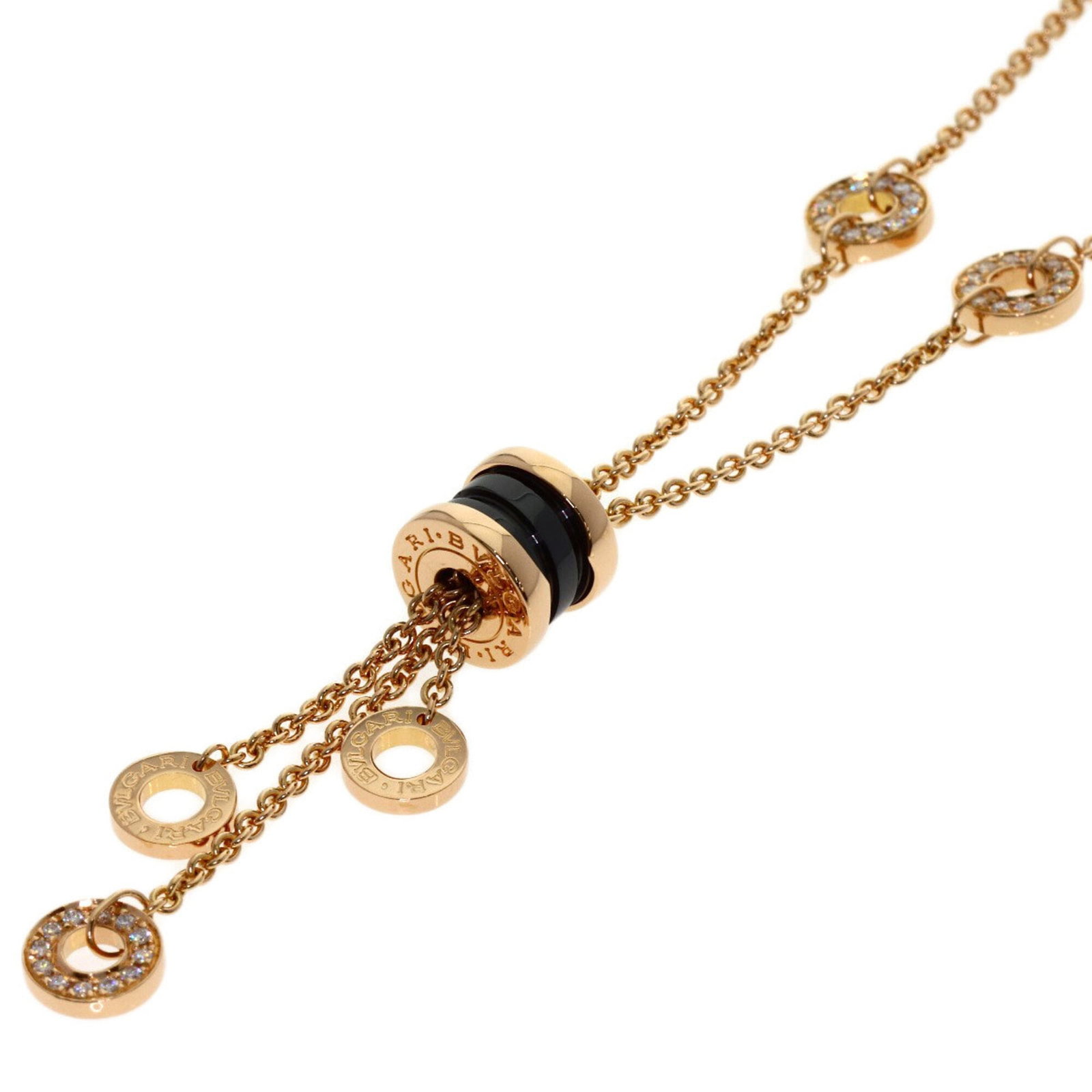 BVLGARI Pink Gold (18K): BVLGARI Pink Gold (18K) Pink gold (18K) Bvlgari necklace with a 47.4mm x 10.4mm pendant, featuring a 45 cm / 17.71'' adjustable neck circumference. This gently used necklace showcases minor signs of