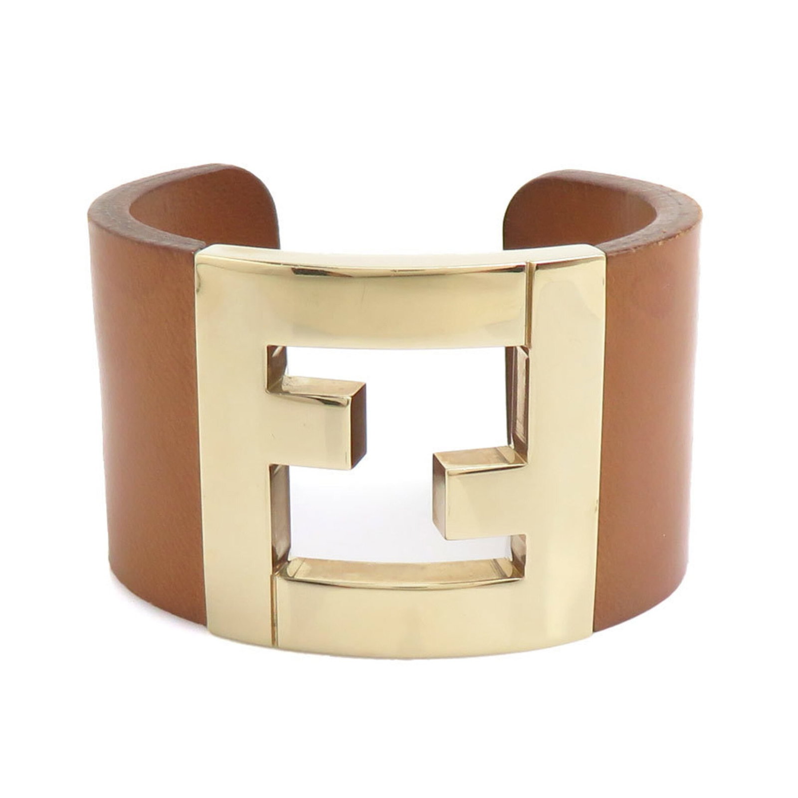 FENDI Bangle Leather Metal: FENDI Bangle Leather Metal Brown leather and gold metal Fendi bangle with a 15.5cm length and 4cm width, bearing visible scratches and scuffs, is a pre-owned item in good condition. Made from a combin
