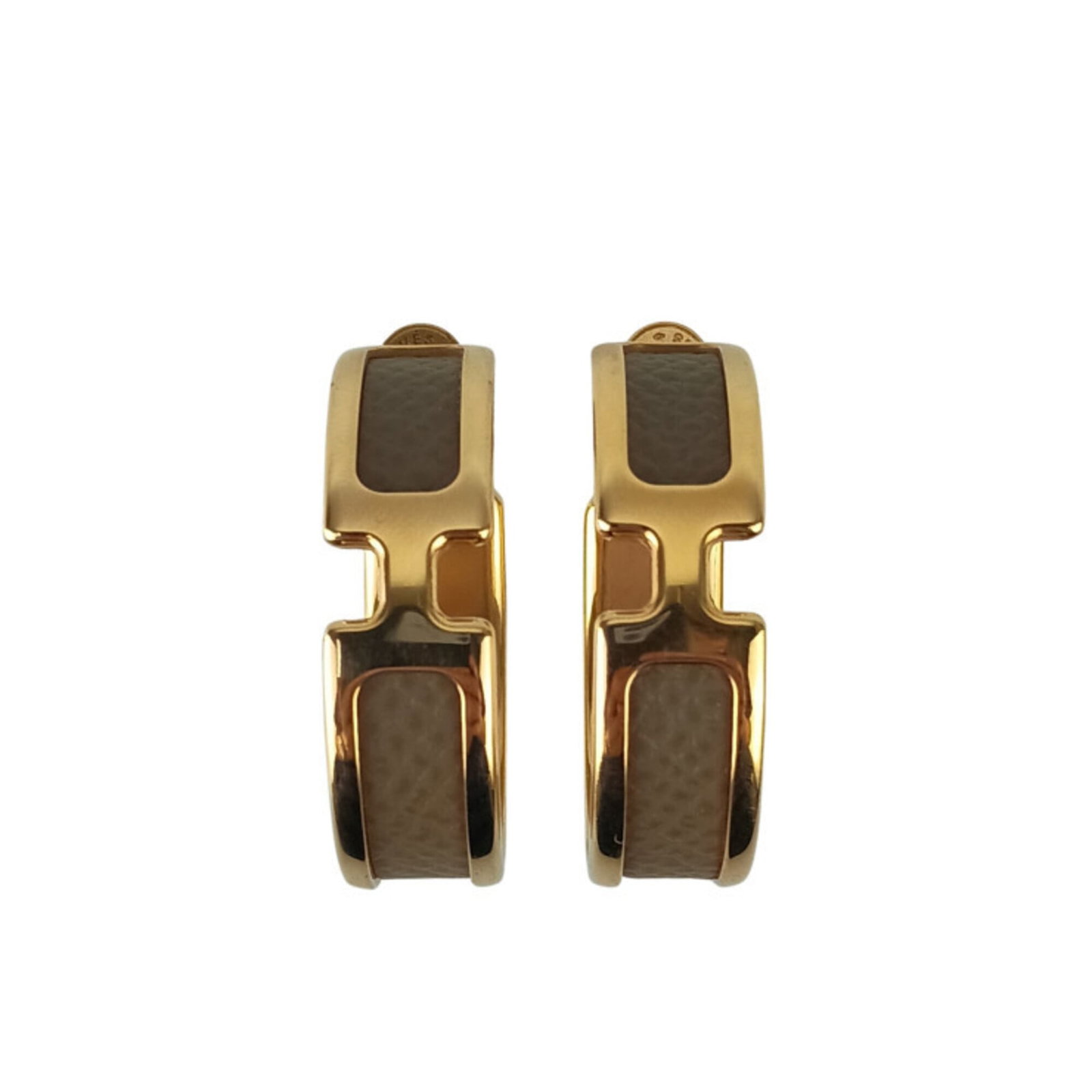 HERMES Hoop Earrings Leather Metal: HERMES Hoop Earrings Leather Metal Gently used Hermes Hoop Earrings in Brown and Gold, featuring a unique combination of leather and metal. The earrings showcase a classic design with minor signs of w