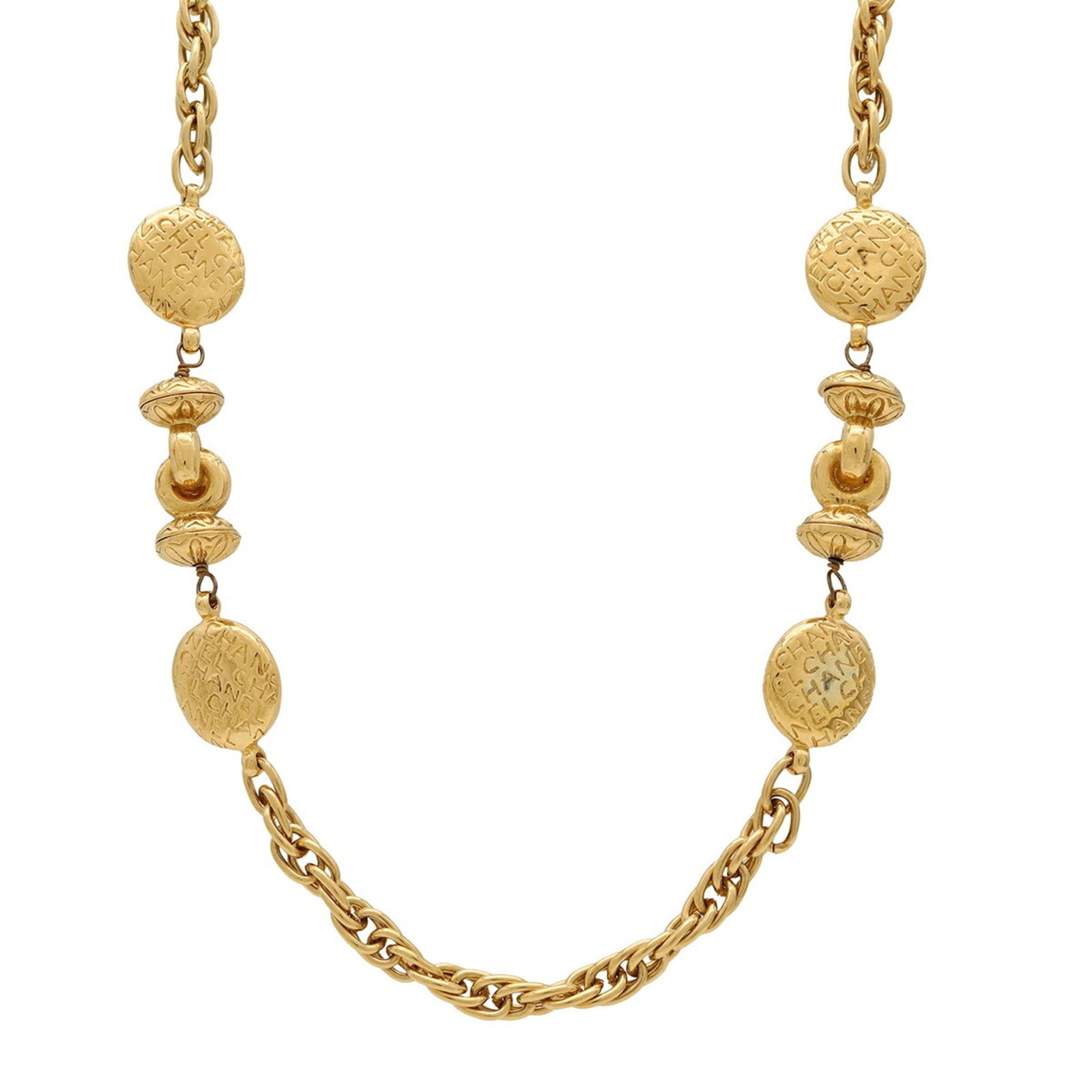 CHANEL Gold Plating: CHANEL Gold Plating Gold plating on a Chanel necklace adds a touch of luxury to any outfit. The 88 cm chain circumference provides a comfortable fit, while the gold plating gives it a sleek, high-end
