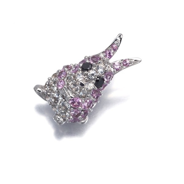 Pink &Clear Sapphire 0.47Ct Black Diamond 0.02Ct Rabbit Pendant 18K Wg: Pink &Clear Sapphire 0.47Ct Black Diamond 0.02Ct Rabbit Pendant 18K Wg Pink and clear sapphire, paired with a 0.02ct black diamond, create a striking contrast in this 18k white gold pendant. The