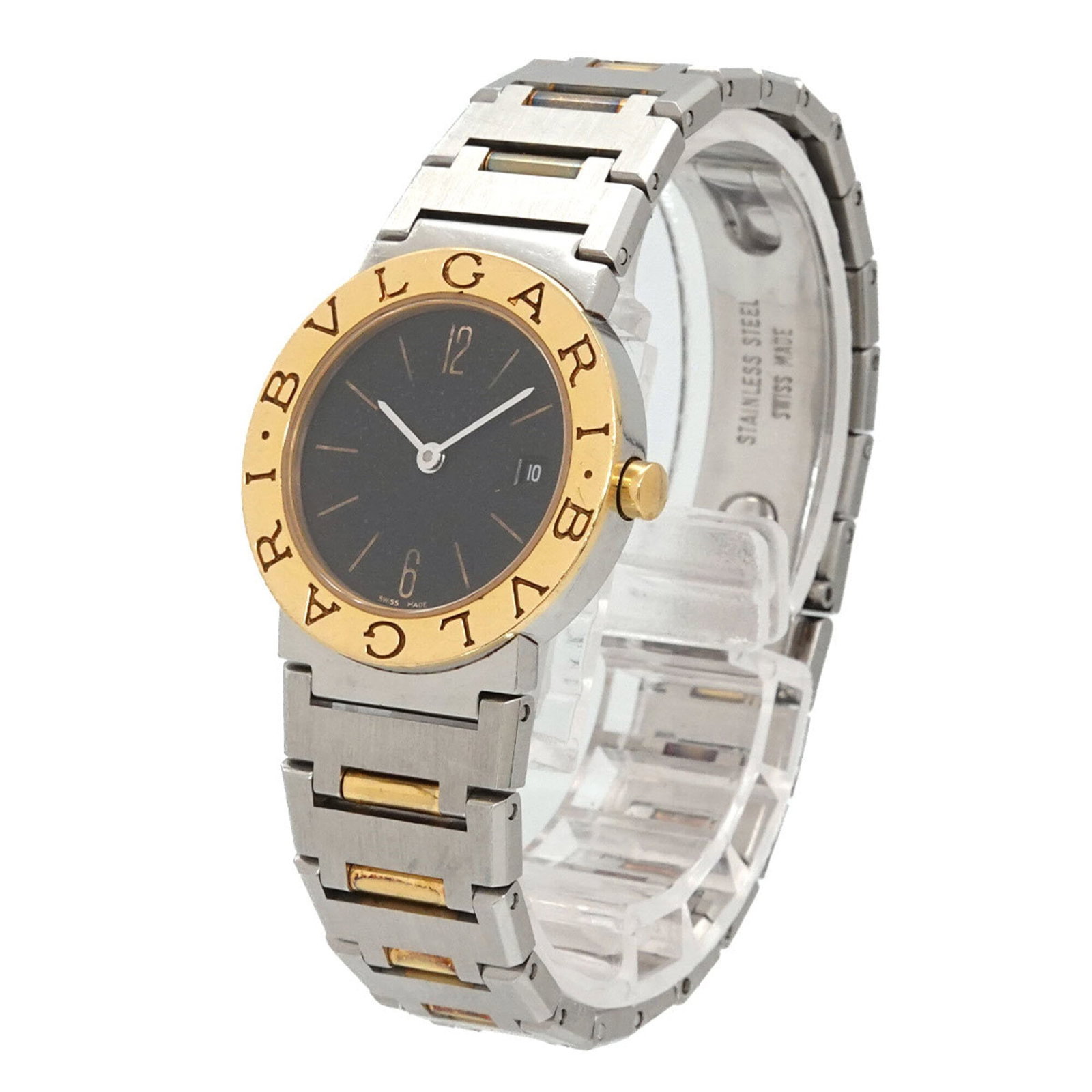 BVLGARI Wristwatch Stainless Steel Yellow Gold: BVLGARI Wristwatch Stainless Steel Yellow Gold Stainless steel and yellow gold come together in this elegant BVLGARI wristwatch, featuring a sleek 26mm case and a black dial. Gently used with minor si