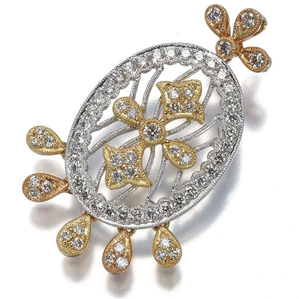 Diamond 1.25Ct 3Color Milgrain Openwork Drop Pendant 18K Yg/Wg/Rg: Diamond 1.25Ct 3Color Milgrain Openwork Drop Pendant 18K Yg/Wg/Rg Multi-tone 18k gold pendant showcases a 1.25ct diamond surrounded by intricate 3-color milgrain openwork details, creating a unique