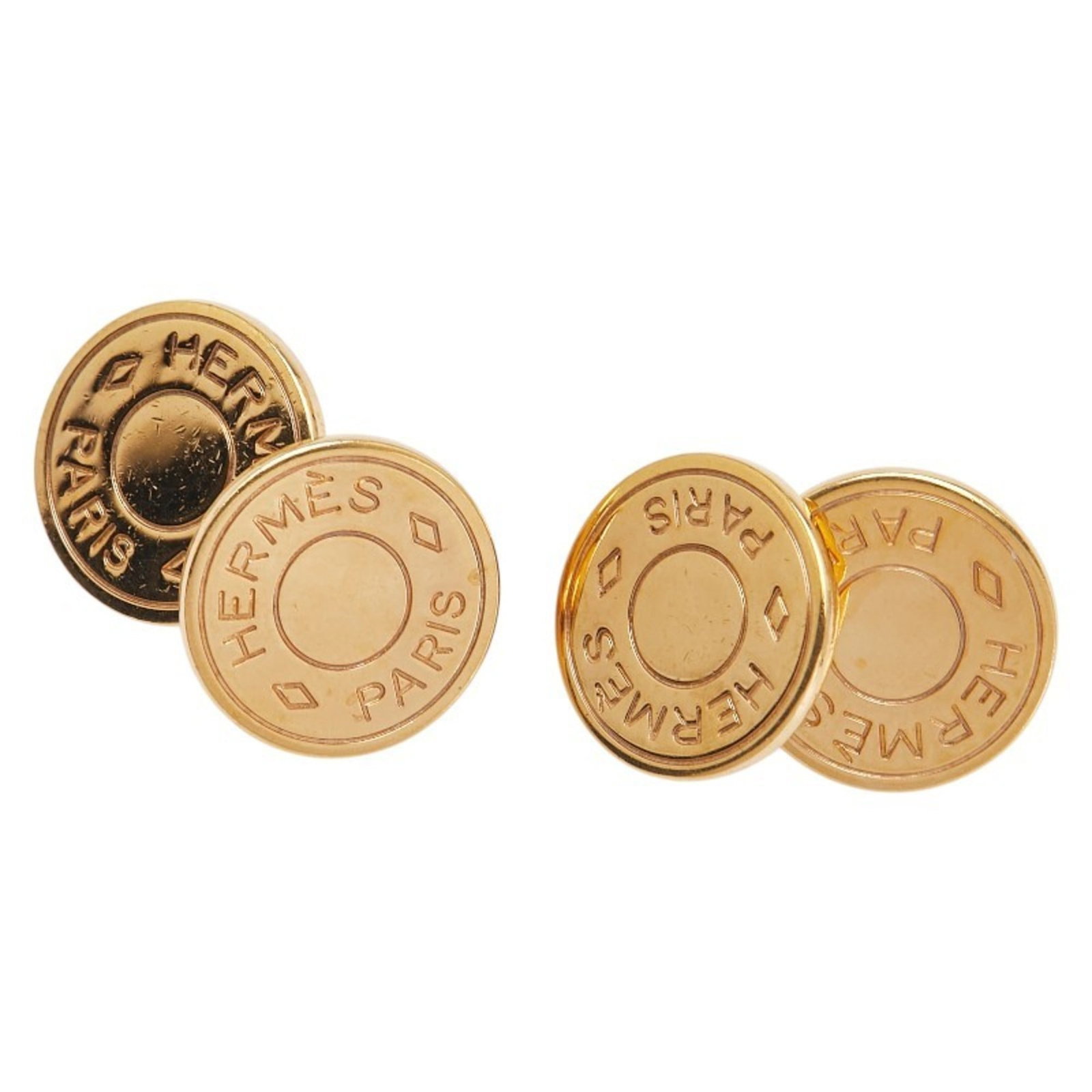HERMES Cufflinks Gold: HERMES Cufflinks Gold Gold Cufflinks from Hermes, featuring a subtle elegance with their 14.10mm x 14.10mm dimensions. The item boasts a classic gold design, showcasing minor scratches and scuffs from