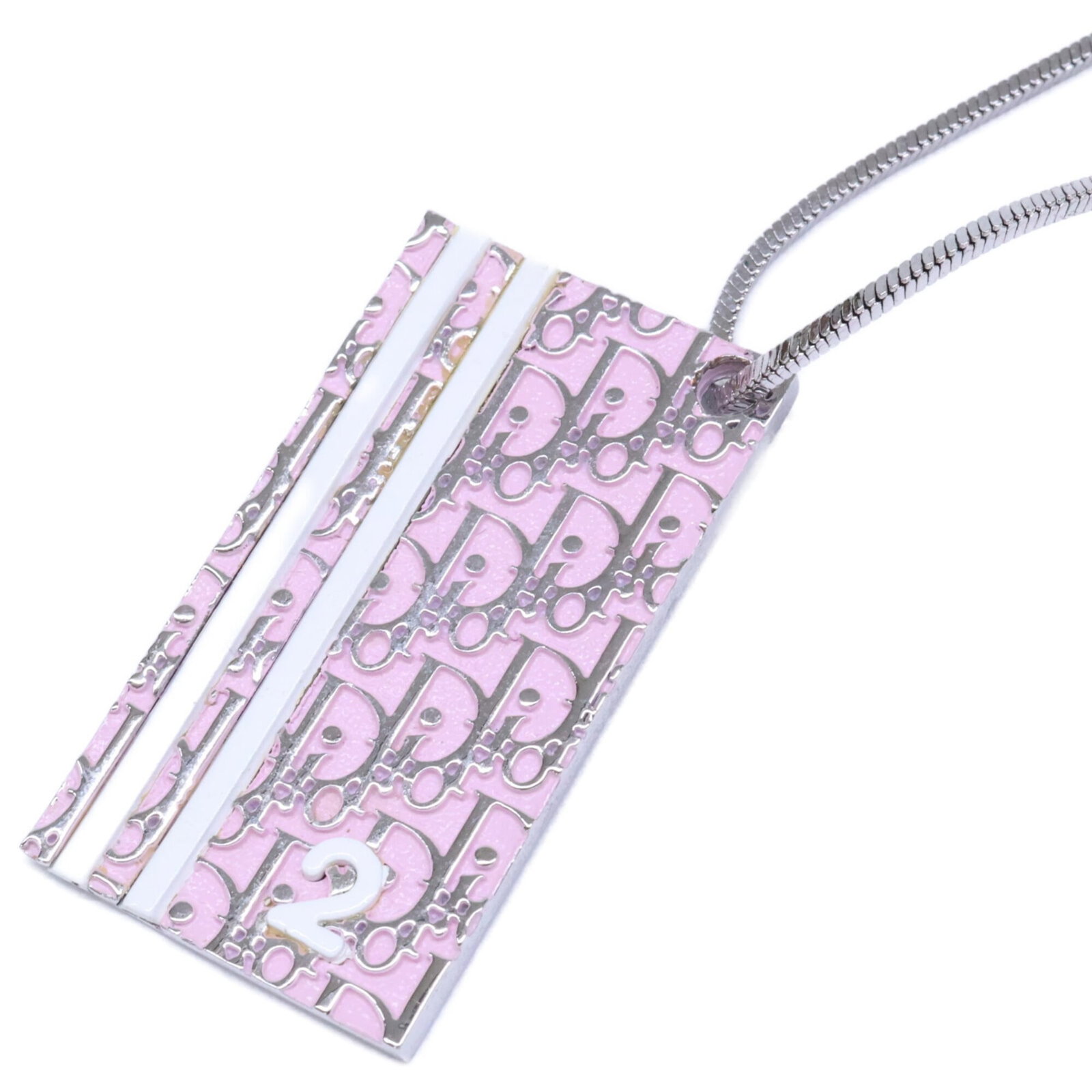 CHRISTIAN DIOR Metal: CHRISTIAN DIOR Metal Pink and silver metal necklace with a 38mm x 21mm pendant, available in a 56cm / 22.04'' adjustable neck circumference. This Christian Dior necklace features visible wear,