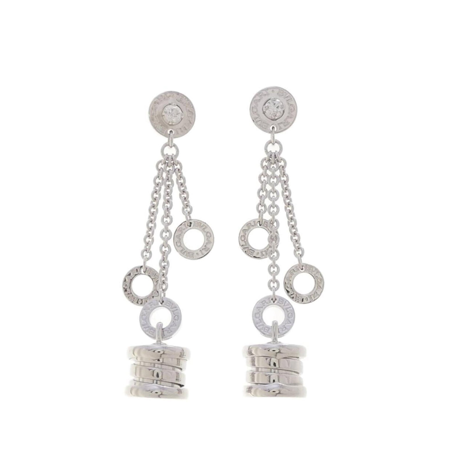 BVLGARI Chain Earrings White Gold (18K): BVLGARI Chain Earrings White Gold (18K) Chain earrings made from 18K white gold, featuring a diamond stone, and bearing the BVLGARI brand. The earrings are in like new condition, with only the faintes