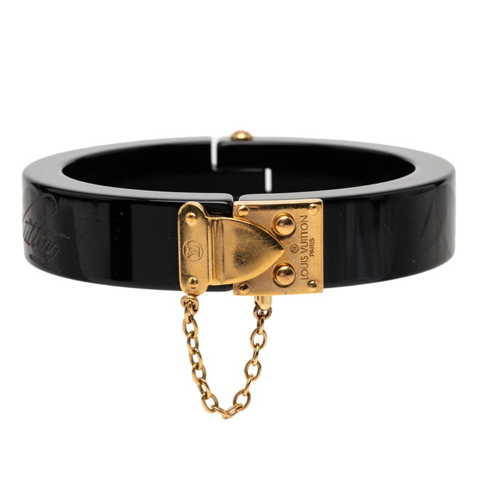LOUIS VUITTON Bangle Plastic: LOUIS VUITTON Bangle Plastic Black and gold plastic bangle from Louis Vuitton, measuring 17cm in length, with visible scratches and scuffs. This bangle bears a signature and is made of plastic