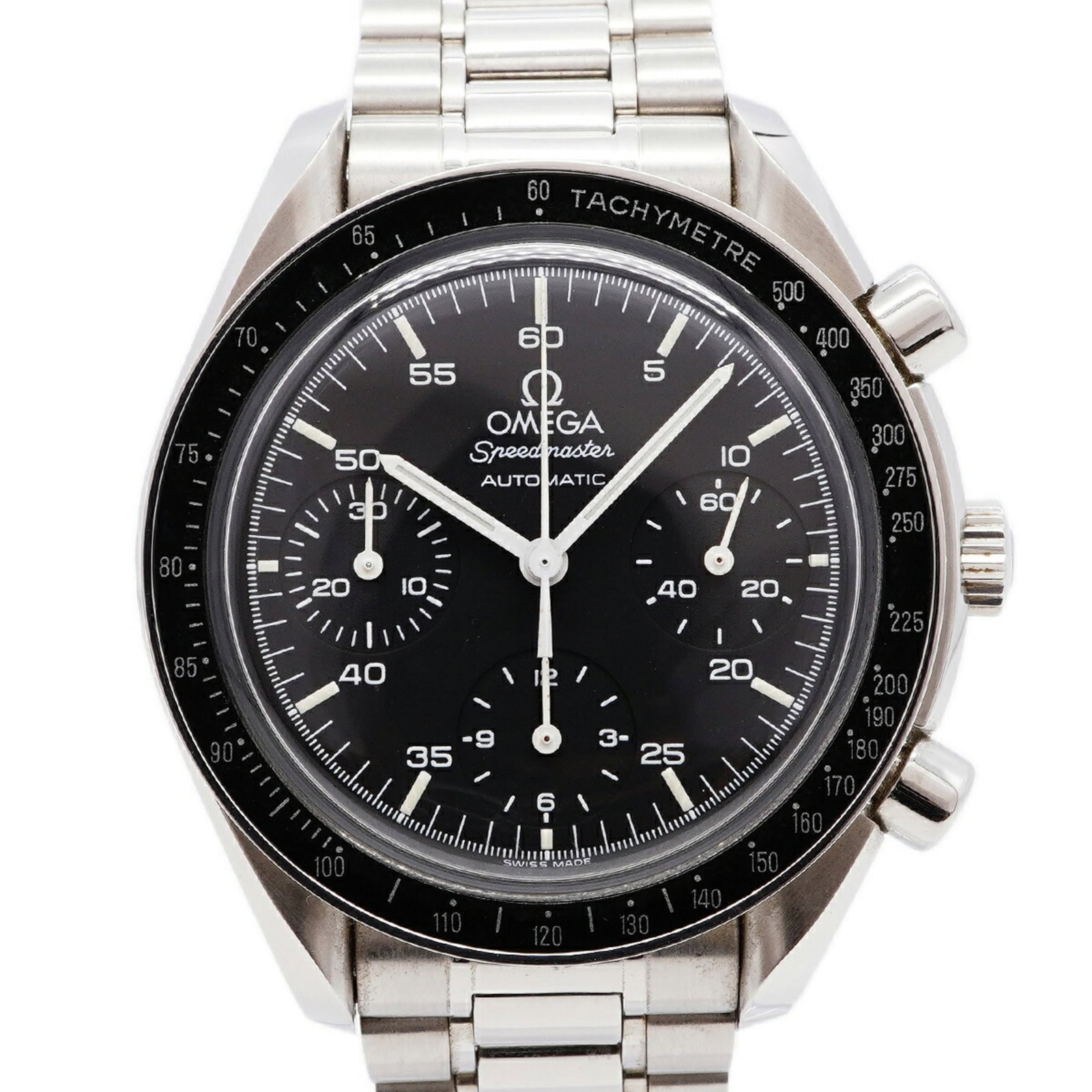 OMEGA Wristwatch Stainless Steel: OMEGA Wristwatch Stainless Steel Stainless steel band and black dial make this Omega wristwatch a sleek and timeless accessory. With its self-winding automatic movement and 38.8mm case diameter, this 