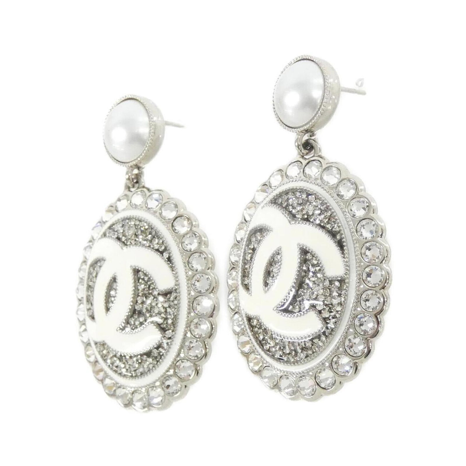 CHANEL Stud Earrings Silver White - 2