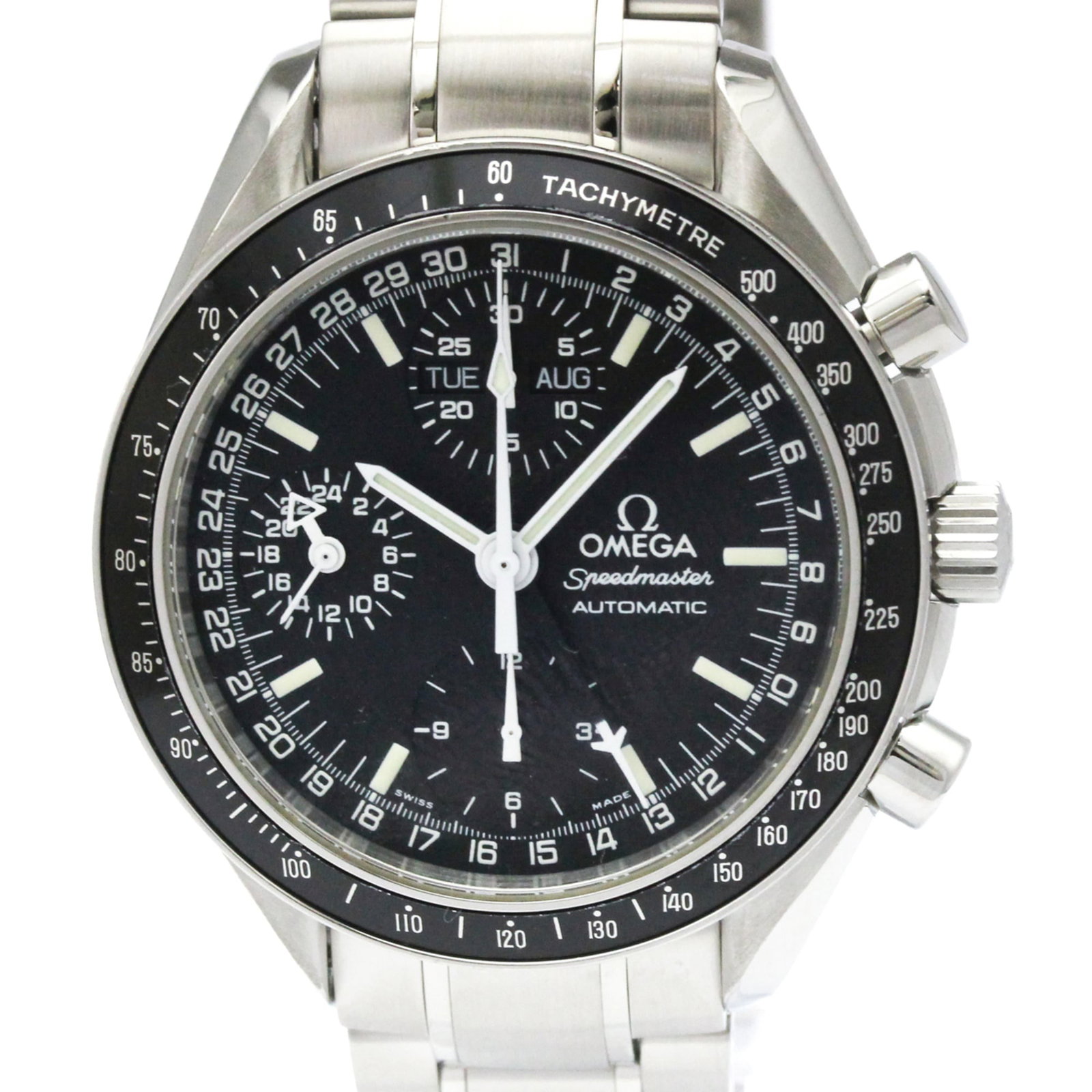 OMEGA Wristwatch Stainless Steel: OMEGA Wristwatch Stainless Steel Stainless steel case and band provide a durable foundation for this Omega Speedmaster watch, featuring a self-winding automatic movement and chronograph function. The