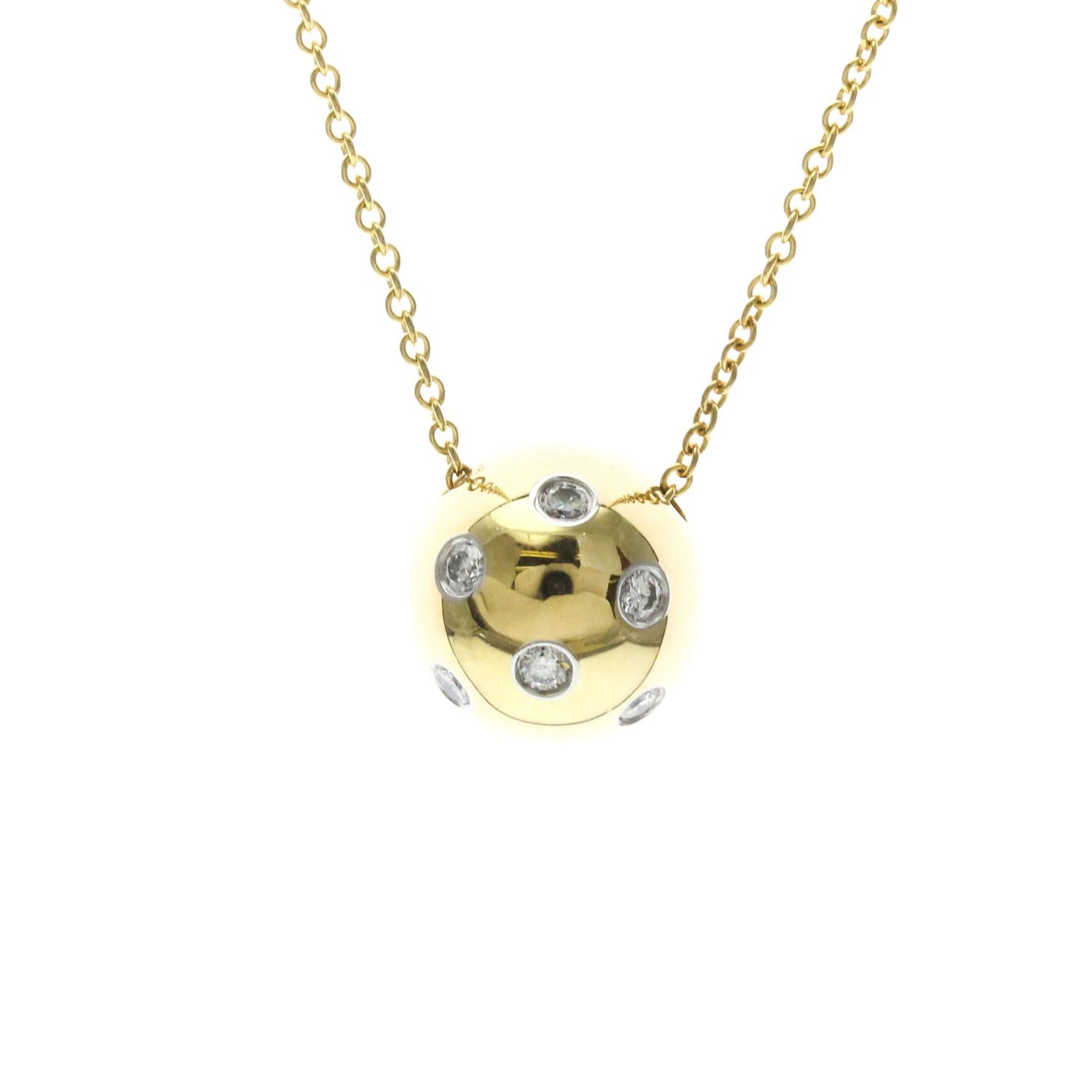 TIFFANY Platinum Yellow Gold (18K): TIFFANY Platinum Yellow Gold (18K) Tiffany's iconic Dots Ball Necklace is a timeless fashion statement, featuring a 5g diamond pendant set in 18K platinum and yellow gold. The necklace boasts a sleek 