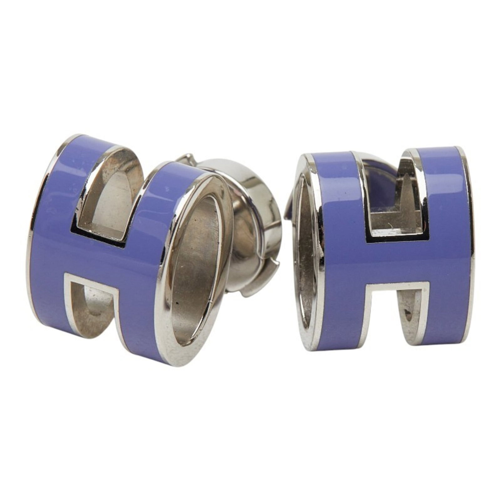 HERMES Stud Earrings Metal: HERMES Stud Earrings Metal Stud earrings from the iconic Herm?s brand, featuring a striking purple metal design. The silver studs showcase subtle wear, with visible scratches and scuffs adding to thei