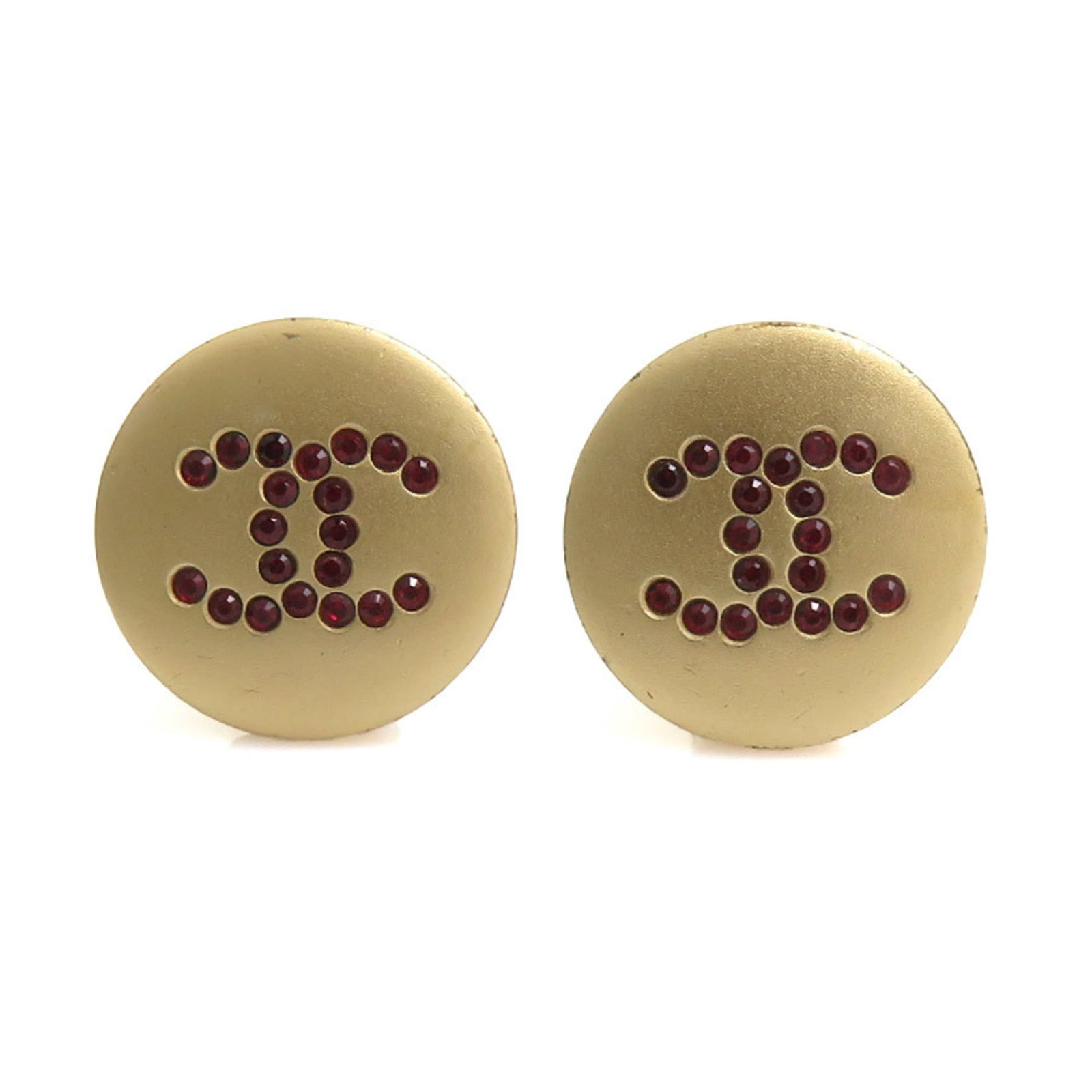 CHANEL Clip Earrings Metal Rhinestone: CHANEL Clip Earrings Metal Rhinestone Gold and red rhinestone clip earrings from the iconic CHANEL brand, crafted in France. With a sleek metal design and a touch of luxury, these earrings add a pop
