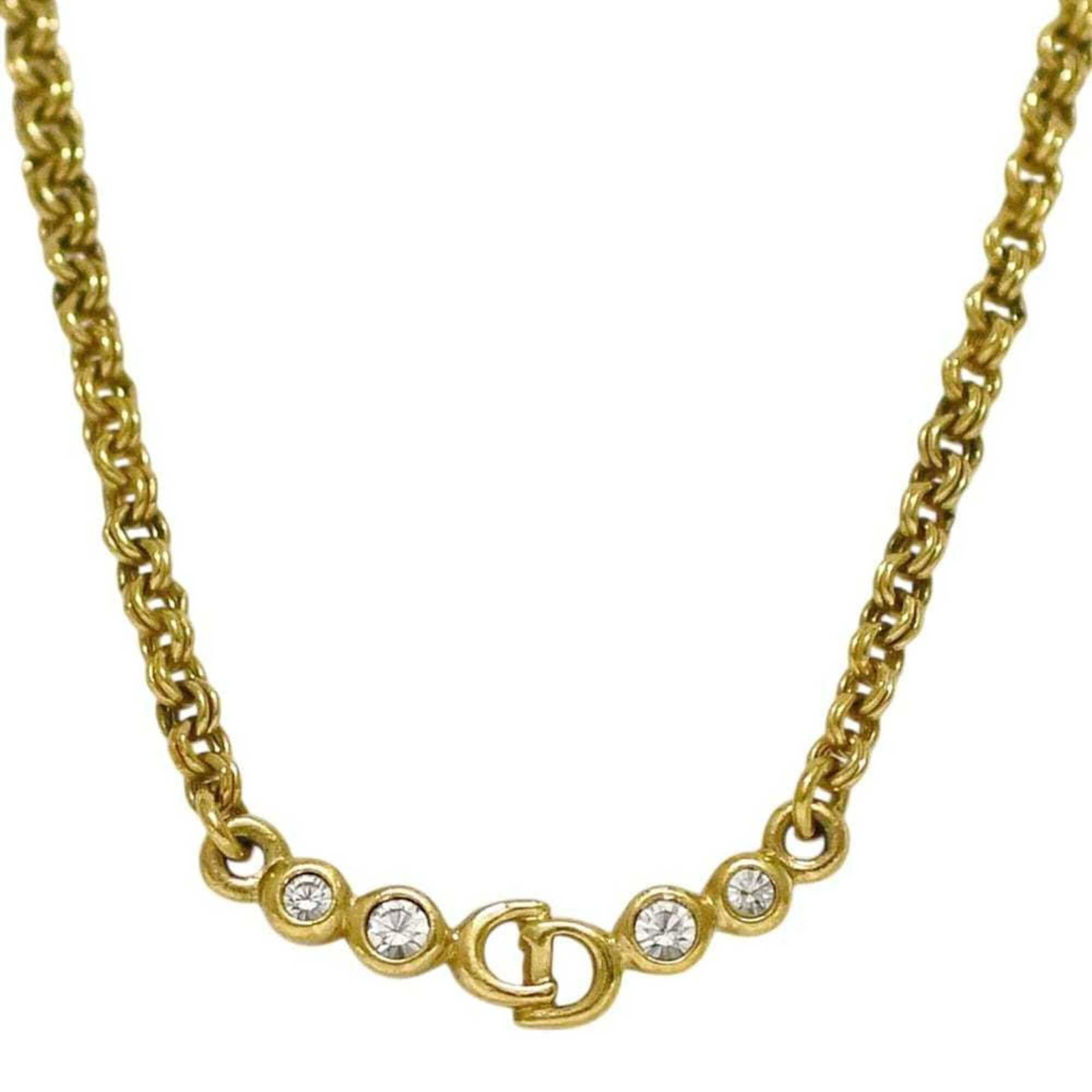 CHRISTIAN DIOR Gold Plating Rhinestone: CHRISTIAN DIOR Gold Plating Rhinestone Gold Plating Rhinestone Necklace from Christian Dior. This elegant necklace features a 38cm gold plating chain with a 11mm x 32.5mm rhinestone pendant, adding a