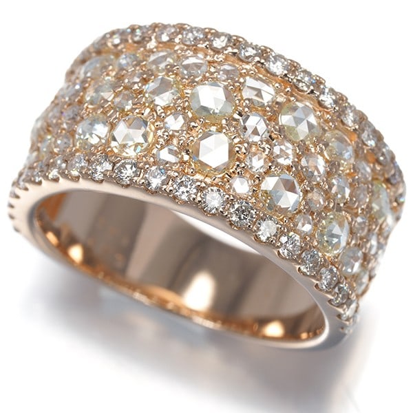 Diamond 1.11Ct/0.47Ct Rose-Cut Paved Ring 18K 750 Rose Gold: Diamond 1.11Ct/0.47Ct Rose-Cut Paved Ring 18K 750 Rose Gold 18k rose gold pave ring features a stunning 1.11ct round diamond surrounded by a halo of smaller diamonds, including a 0.47ct rose-cut