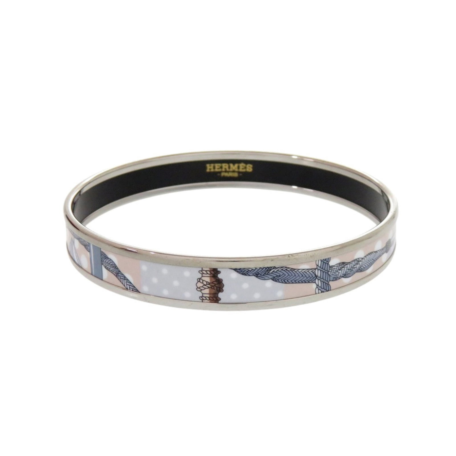 HERMES Bangle Metal: HERMES Bangle Metal The Hermes Bangle Metal features a striking blue and silver design, showcasing the brand's signature style. Made from high-quality metal, this gently used bangle boasts a sleek 21.