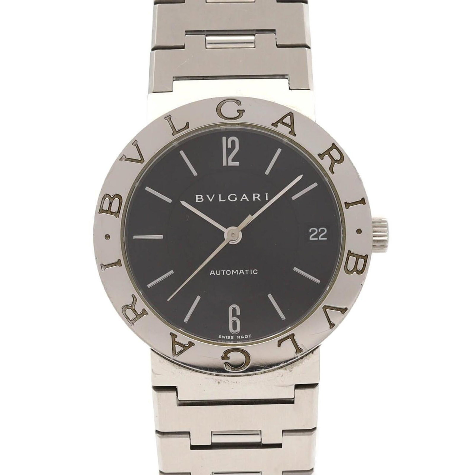 BVLGARI Wristwatch Stainless Steel: BVLGARI Wristwatch Stainless Steel Stainless steel case and band, a sleek and modern design, complement the black dial of this Bvlgari wristwatch. The self-winding automatic movement keeps precise