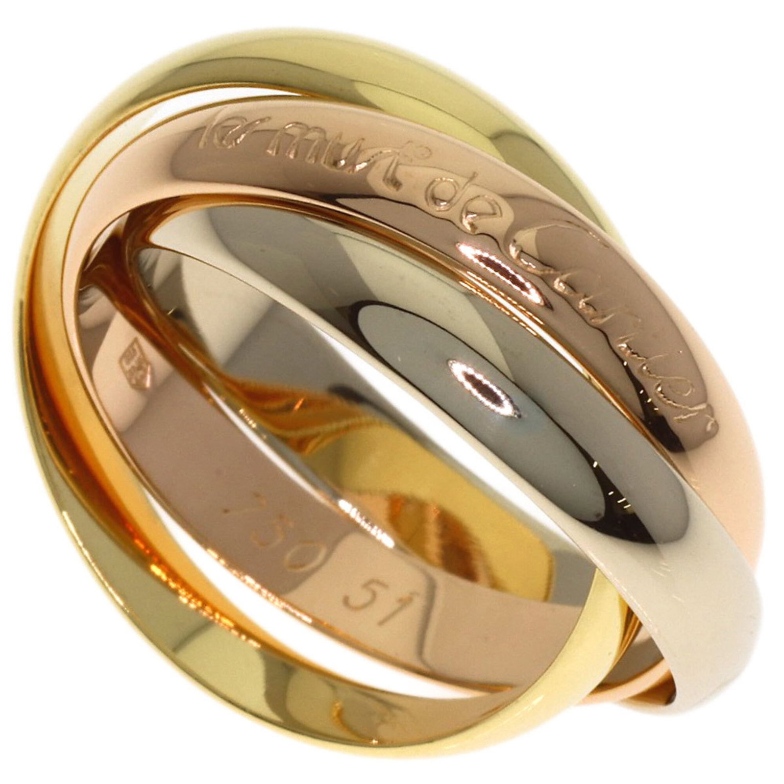 CARTIER Band Ring Pink Gold (18K) White Gold (18K) Yellow Gold (18K): CARTIER Band Ring Pink Gold (18K) White Gold (18K) Yellow Gold (18K) Pink gold, white gold, and yellow gold come together in this elegant Cartier band ring, available in 18K. The ring features a class