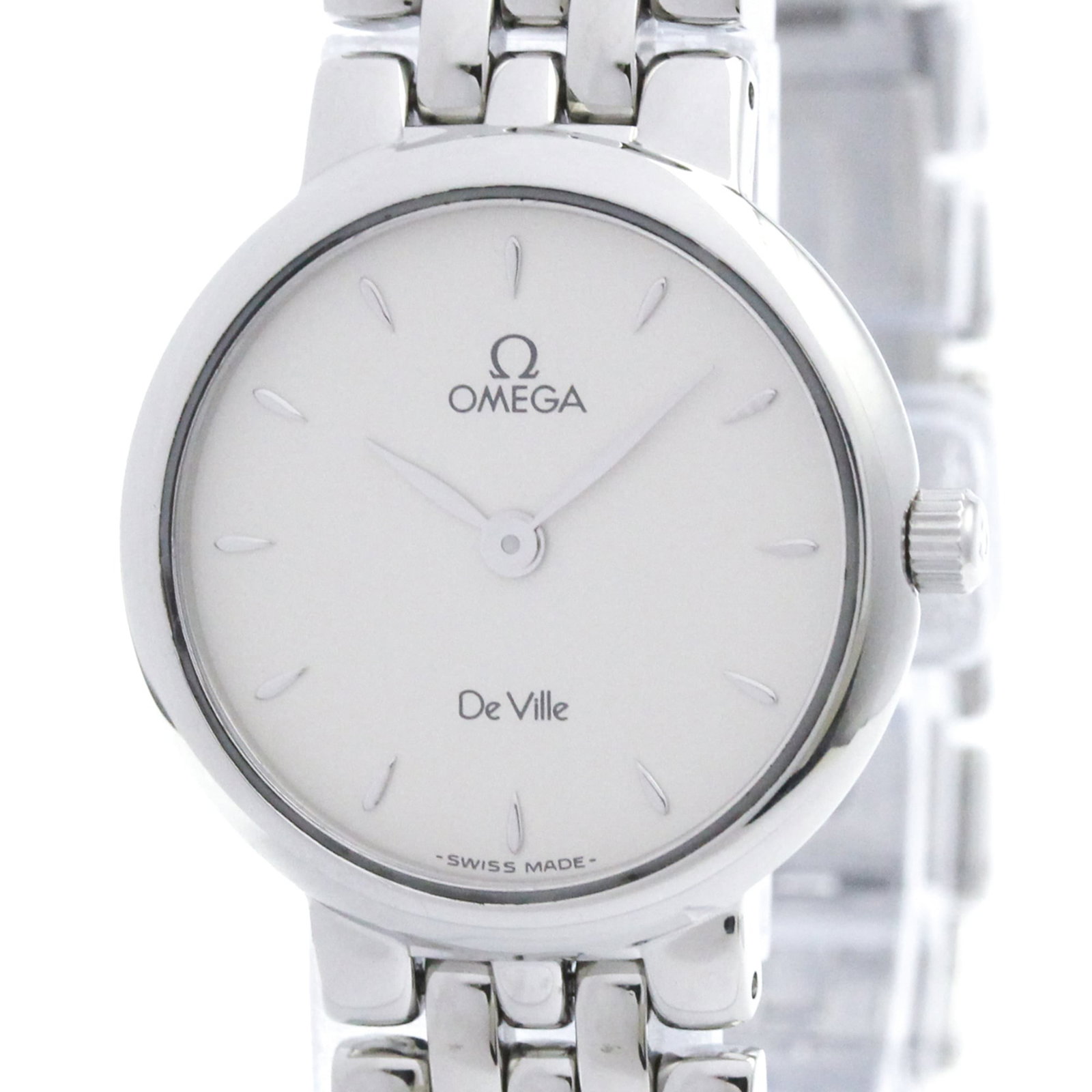 OMEGA Wristwatch Stainless Steel: OMEGA Wristwatch Stainless Steel Stainless steel case and band, this Omega De Ville watch boasts a sleek silver dial. A quartz movement keeps time with precision, while the 23mm case diameter fits com