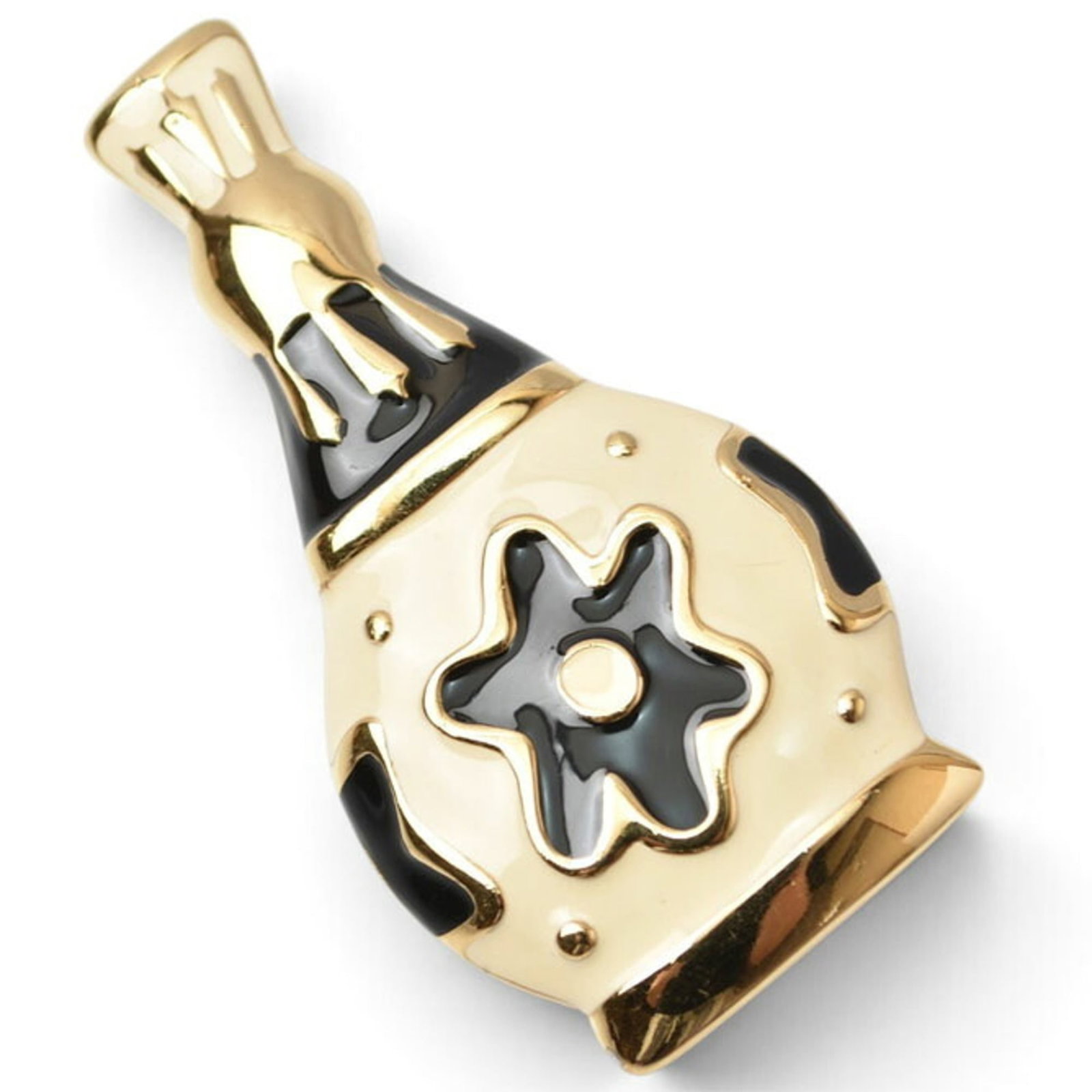 GIVENCHY Brooch Enamel Gold Plating: GIVENCHY Brooch Enamel Gold Plating Enamel gold plating adds a touch of luxury to this sleek GIVENCHY brooch, crafted in France with a subtle black and white color scheme. Measuring 3.4cm x 4cm, the b