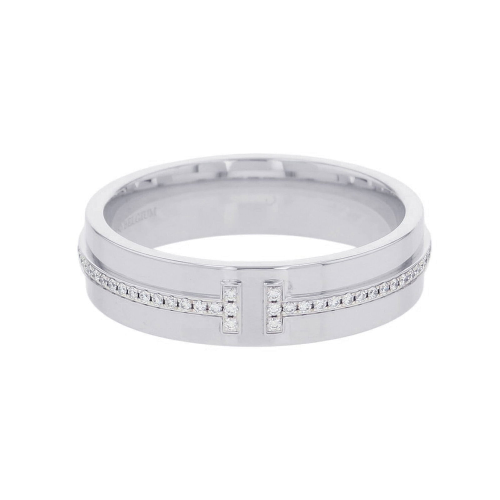 TIFFANY Band Ring White Gold (18K): TIFFANY Band Ring White Gold (18K) White gold (18K) band ring from Tiffany, featuring a diamond stone, is available in a US size 9.5. The ring is in like new condition, with only the faintest traces o