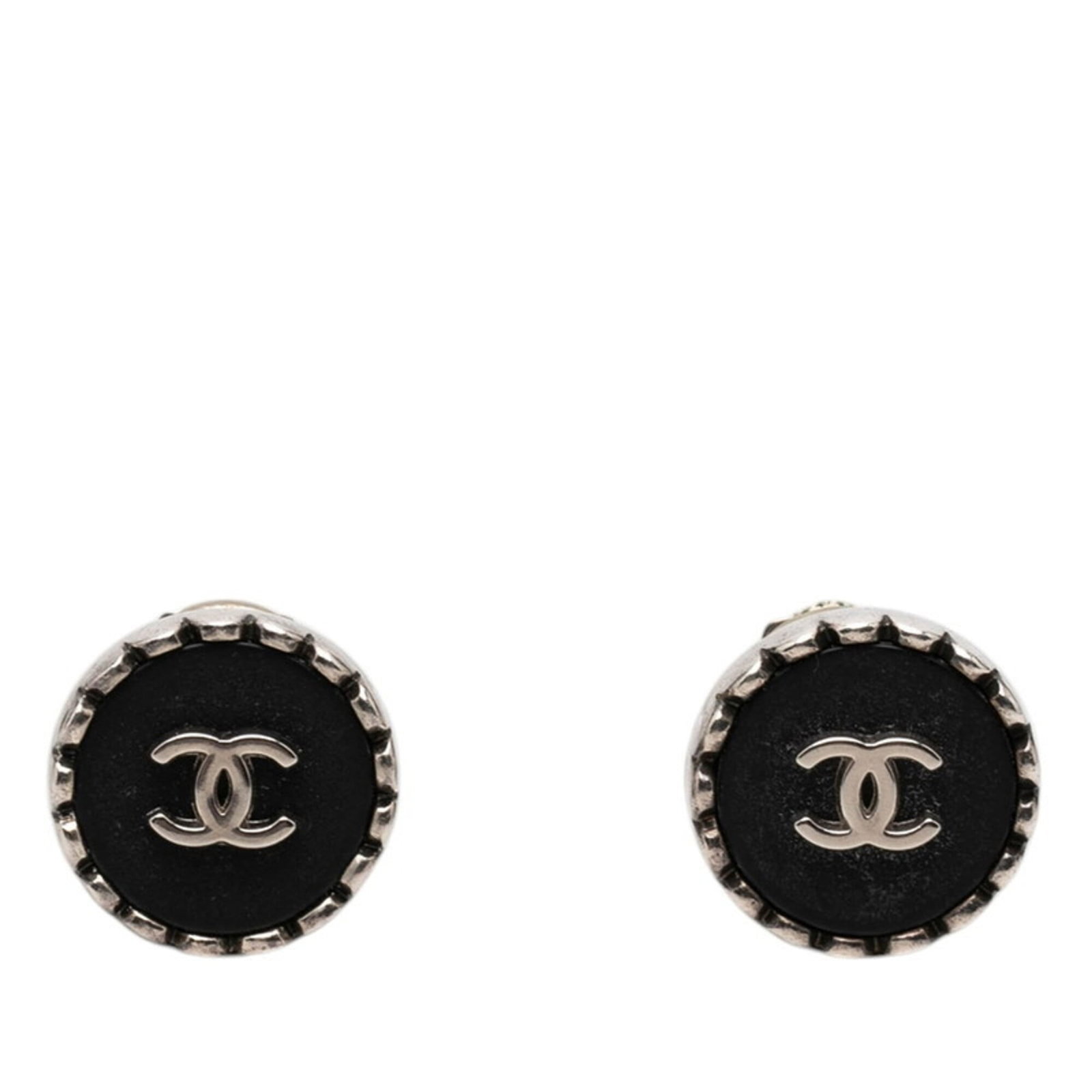 CHANEL Clip Earrings Metal: CHANEL Clip Earrings Metal Black and silver clip earrings from the iconic CHANEL brand, featuring a sleek metal design with visible wear and minor scratches. These earrings are a testament to the