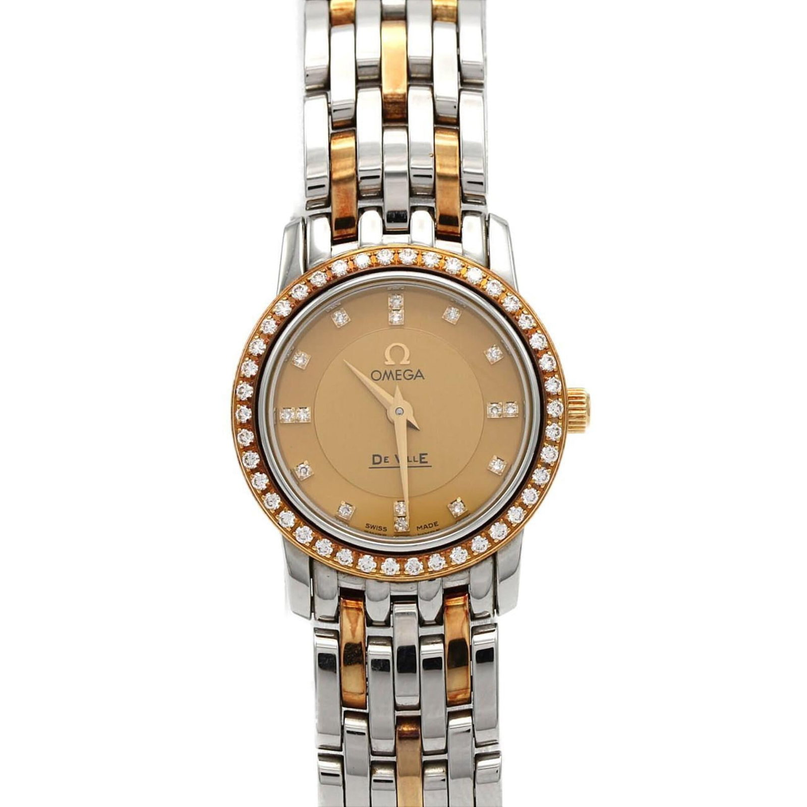 OMEGA Wristwatch Stainless Steel Yellow Gold: OMEGA Wristwatch Stainless Steel Yellow Gold Stainless steel and yellow gold combine in this Omega wristwatch, featuring a 22mm case and quartz movement. The watch boasts a gold dial and comes with a