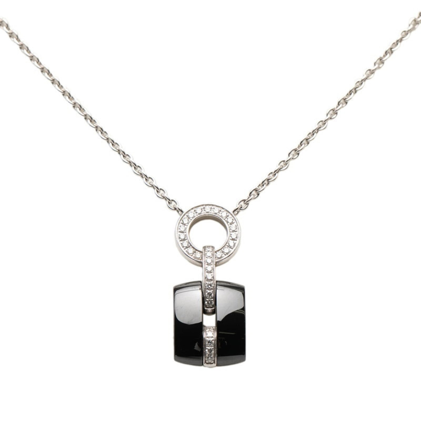 CHANEL Ceramic White Gold (18K): CHANEL Ceramic White Gold (18K) Ceramic White Gold (18K) Chanel Necklace in Black and Silver, featuring a 23.5mm x 9.8mm diamond stone pendant, is a statement piece with visible wear and scratches. Th