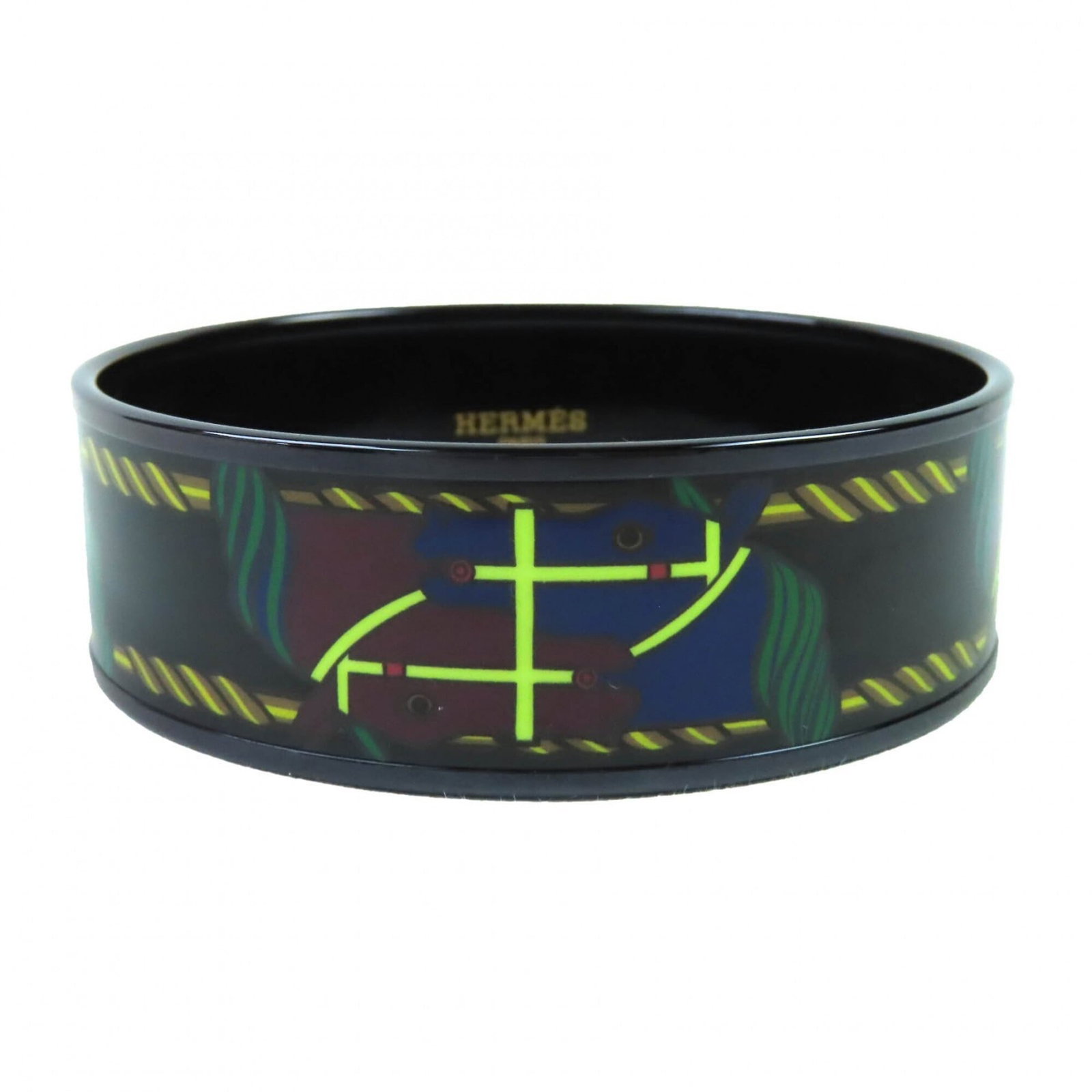 HERMES Bangle Black Multi-Color: HERMES Bangle Black Multi-Color Made in France, this Hermes Bangle Black Multi-Color boasts a sleek design with a mix of black and multi-colored hues. The 19cm length provides a versatile fit, while t