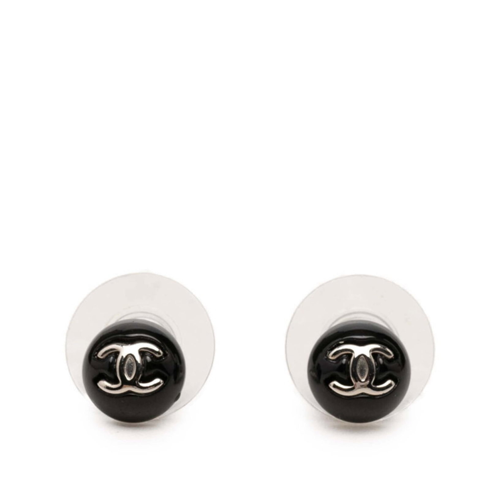CHANEL Stud Earrings Metal Plastic: CHANEL Stud Earrings Metal Plastic Stud earrings from CHANEL, featuring a metal and plastic design in black and silver. The earrings have a distinctive stud shape and are made of a durable metal and p