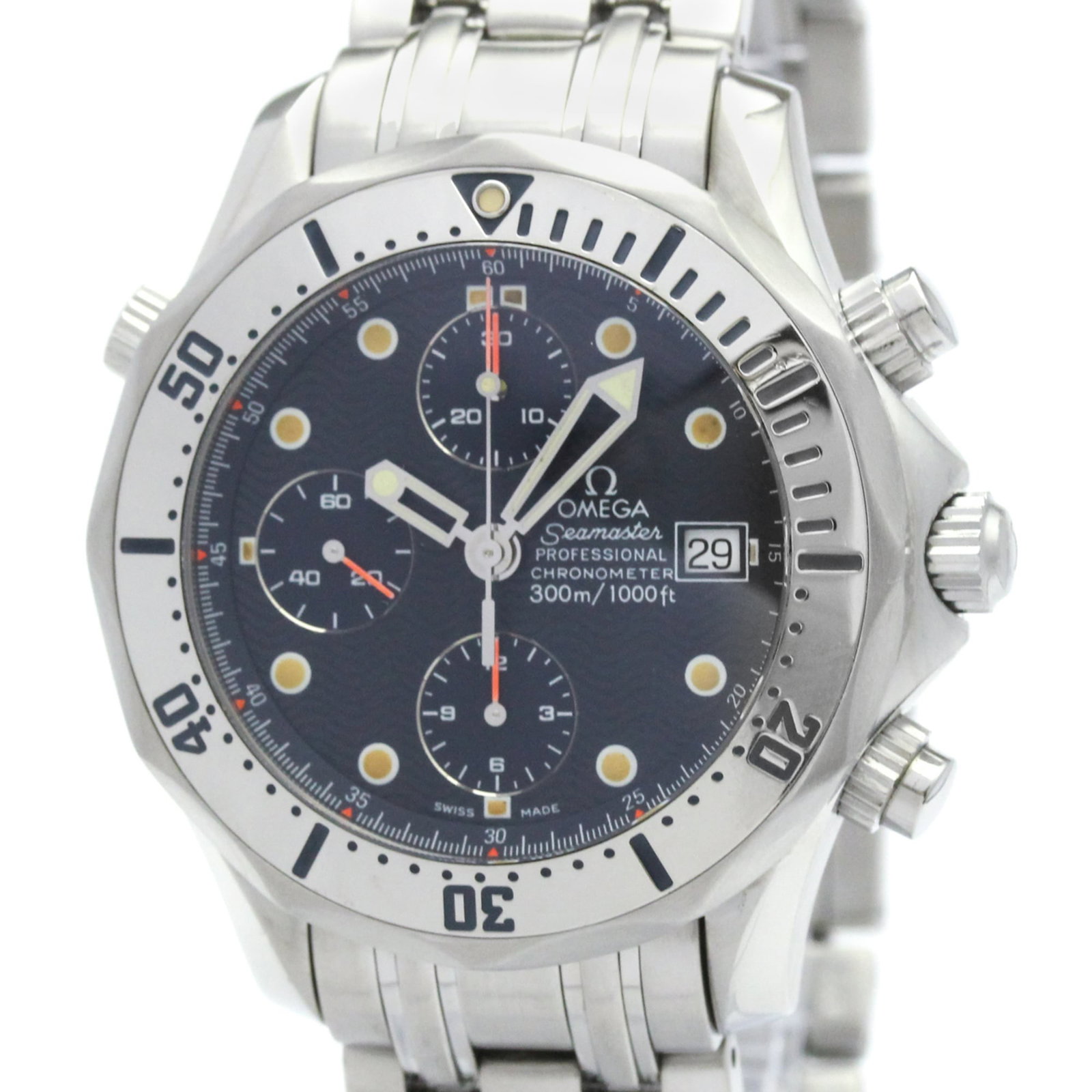 OMEGA Wristwatch Stainless Steel: OMEGA Wristwatch Stainless Steel Stainless steel case and band provide a durable foundation for this 42mm Seamaster watch, featuring a blue dial and self-winding automatic movement. The chronograph