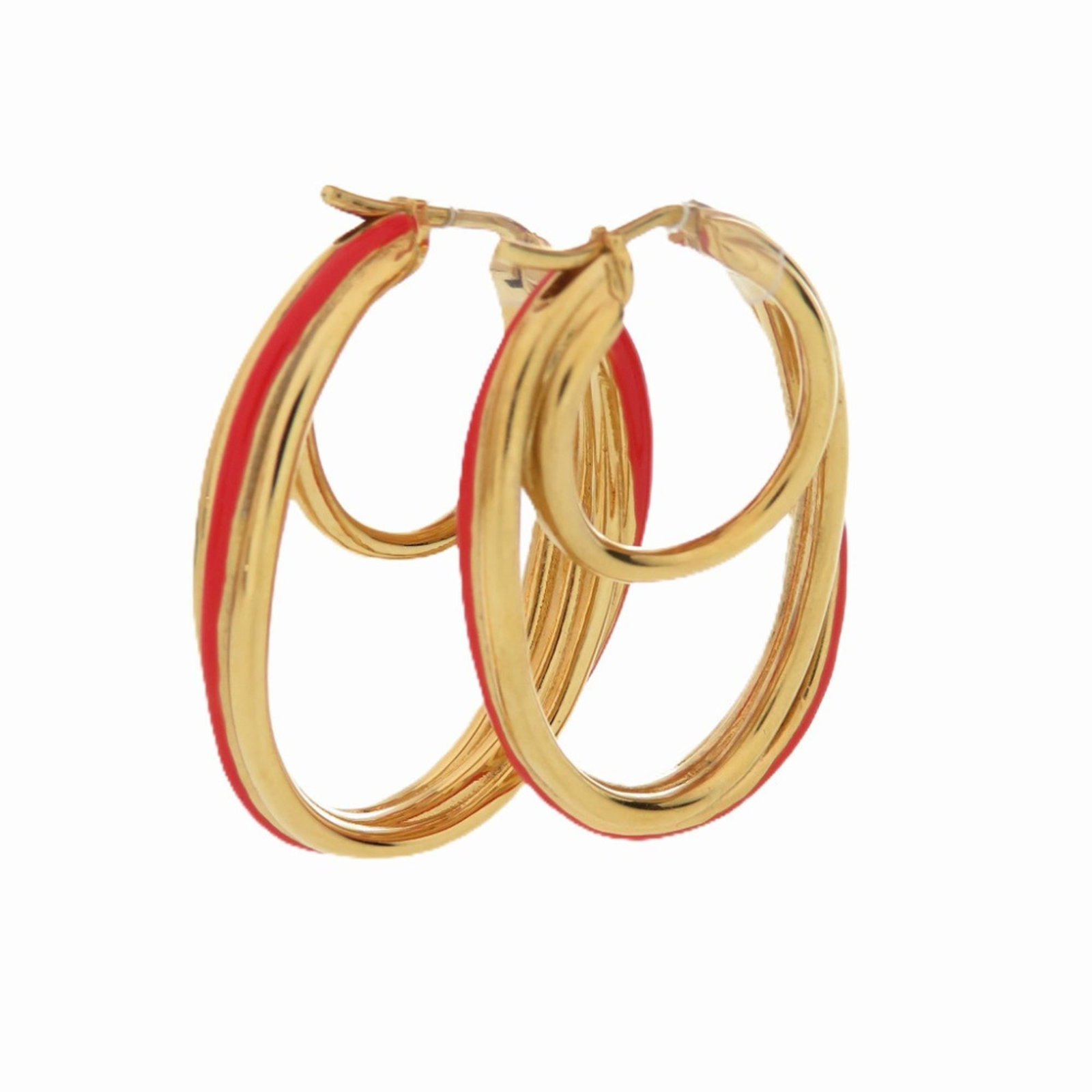 CELINE Hoop Earrings Metal: CELINE Hoop Earrings Metal Gold and Red Celine Hoop Earrings, crafted from metal, showcase a classic design with a touch of bold color. Made in Italy, these gently used earrings feature a 39mm x 9mm s