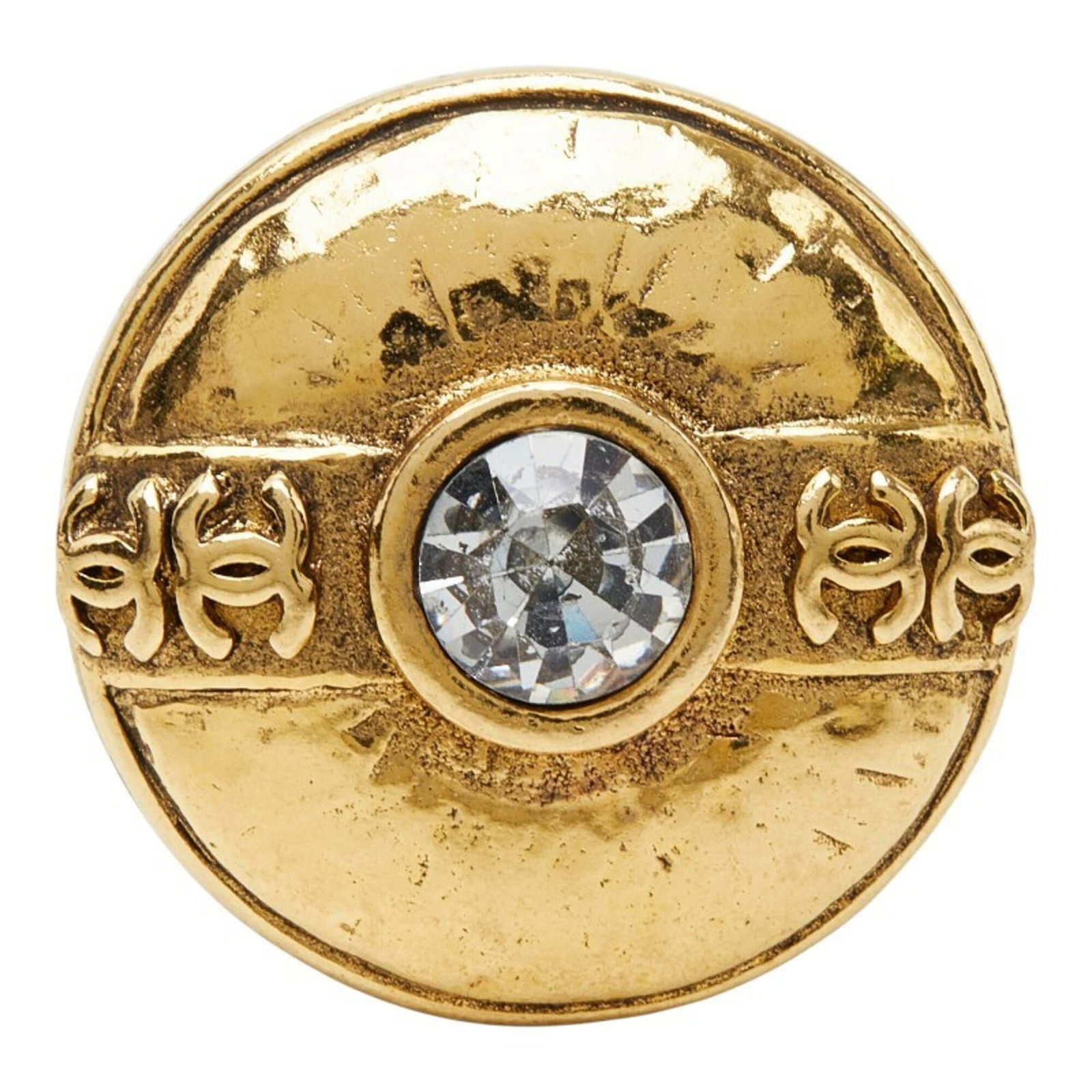 CHANEL Clip Earrings Rhinestone: CHANEL Clip Earrings Rhinestone Gold rhinestone clip earrings from CHANEL, featuring a single earring with a 28.90mm x 28.90mm gold setting. The earrings showcase visible wear, including scratches and