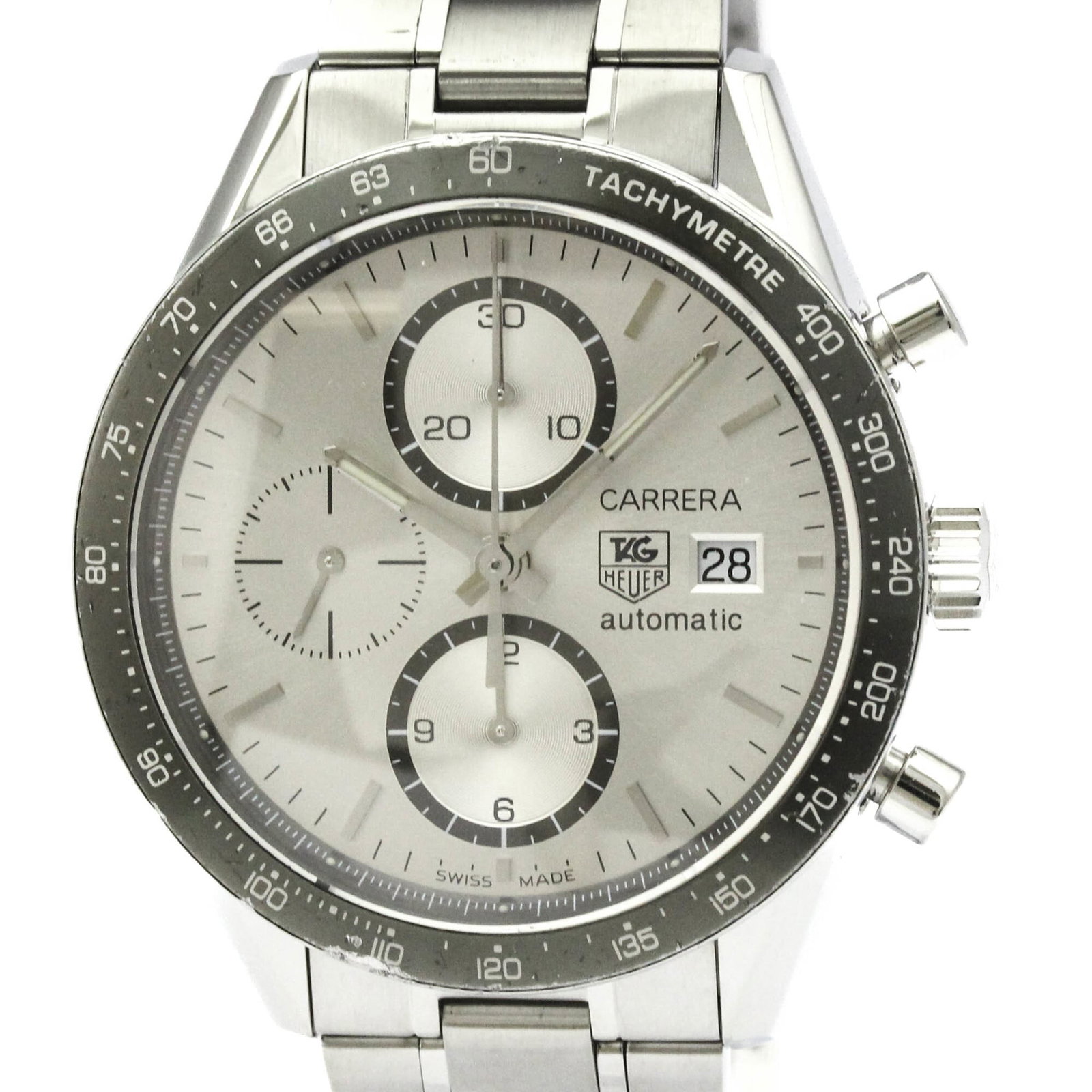TAG HEUER Wristwatch Stainless Steel: TAG HEUER Wristwatch Stainless Steel Stainless steel case and band add a sporty touch to this 41mm Carrera watch, featuring a self-winding automatic movement and chronograph function. The silver dial 