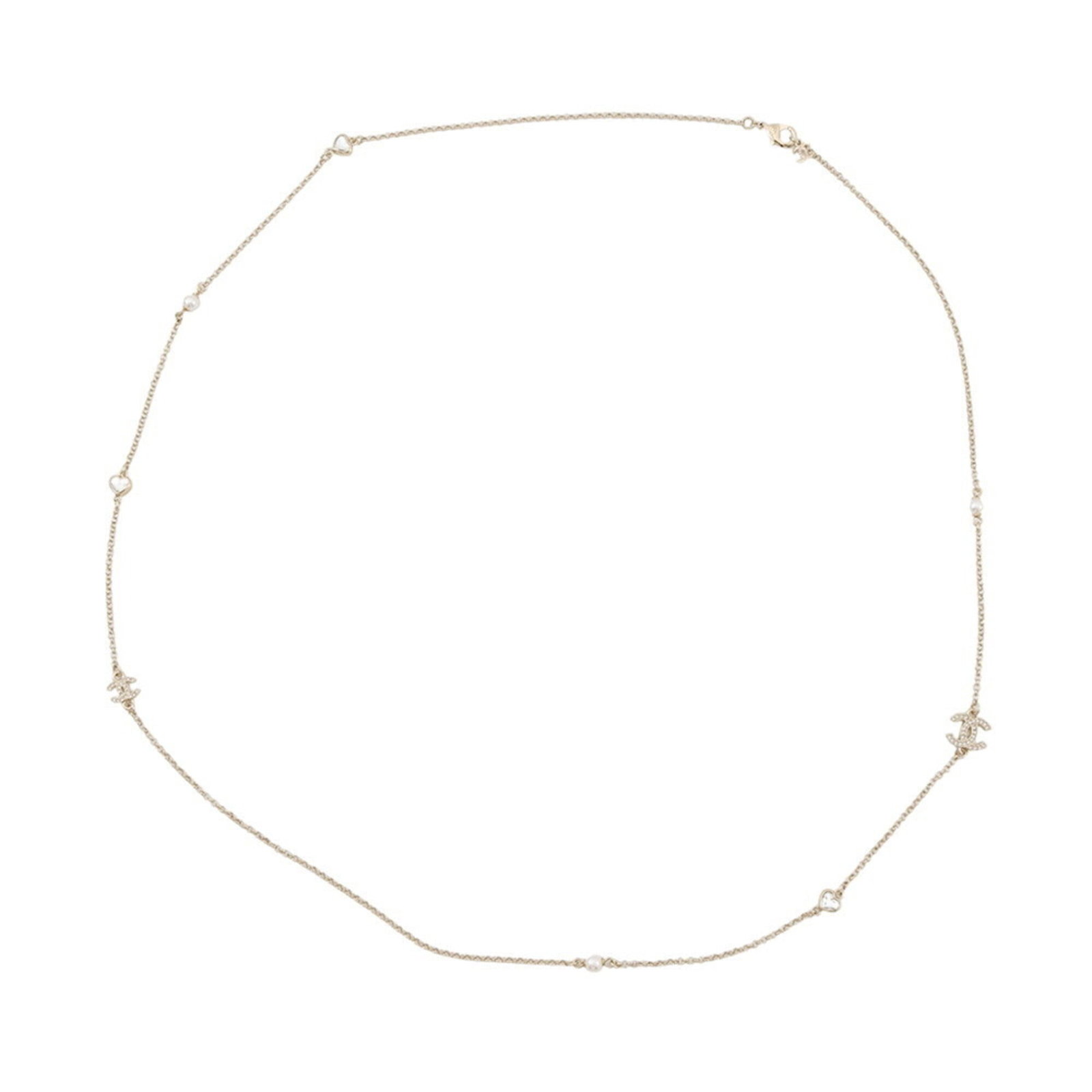 CHANEL Metal Champagne Gold: CHANEL Metal Champagne Gold Champagne gold metal necklace from CHANEL, featuring a 12mm x 15mm pendant with a 99 cm / 38.97'' adjustable neck circumference, presented in like new condition with only t