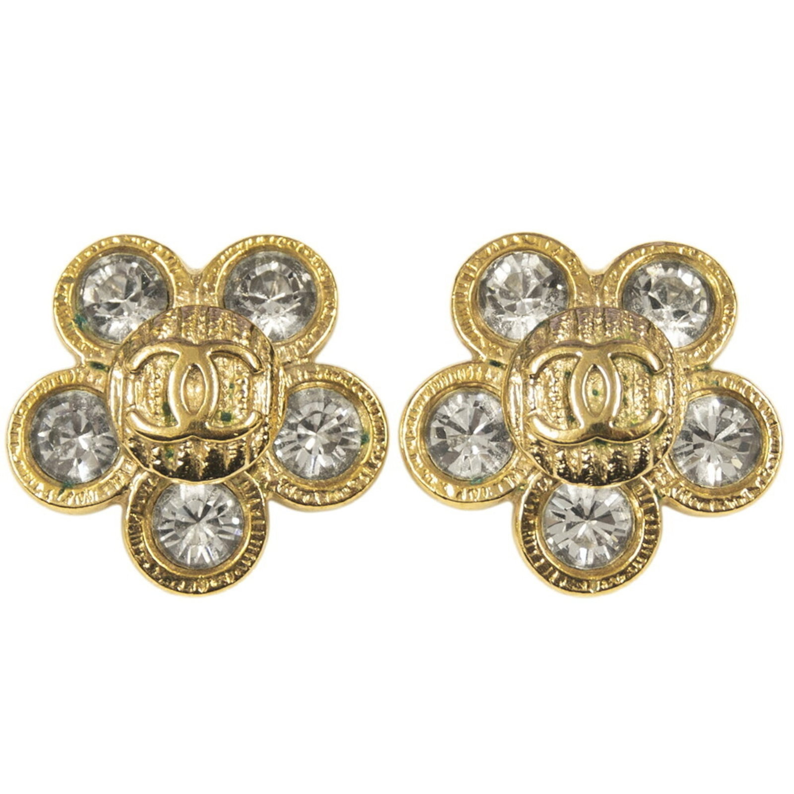 CHANEL Rhinestone Clear Gold: CHANEL Rhinestone Clear Gold Clear gold rhinestones adorn this elegant CHANEL piece, adding a touch of luxury to any outfit. Gently used with minor signs of wear, this item showcases its original