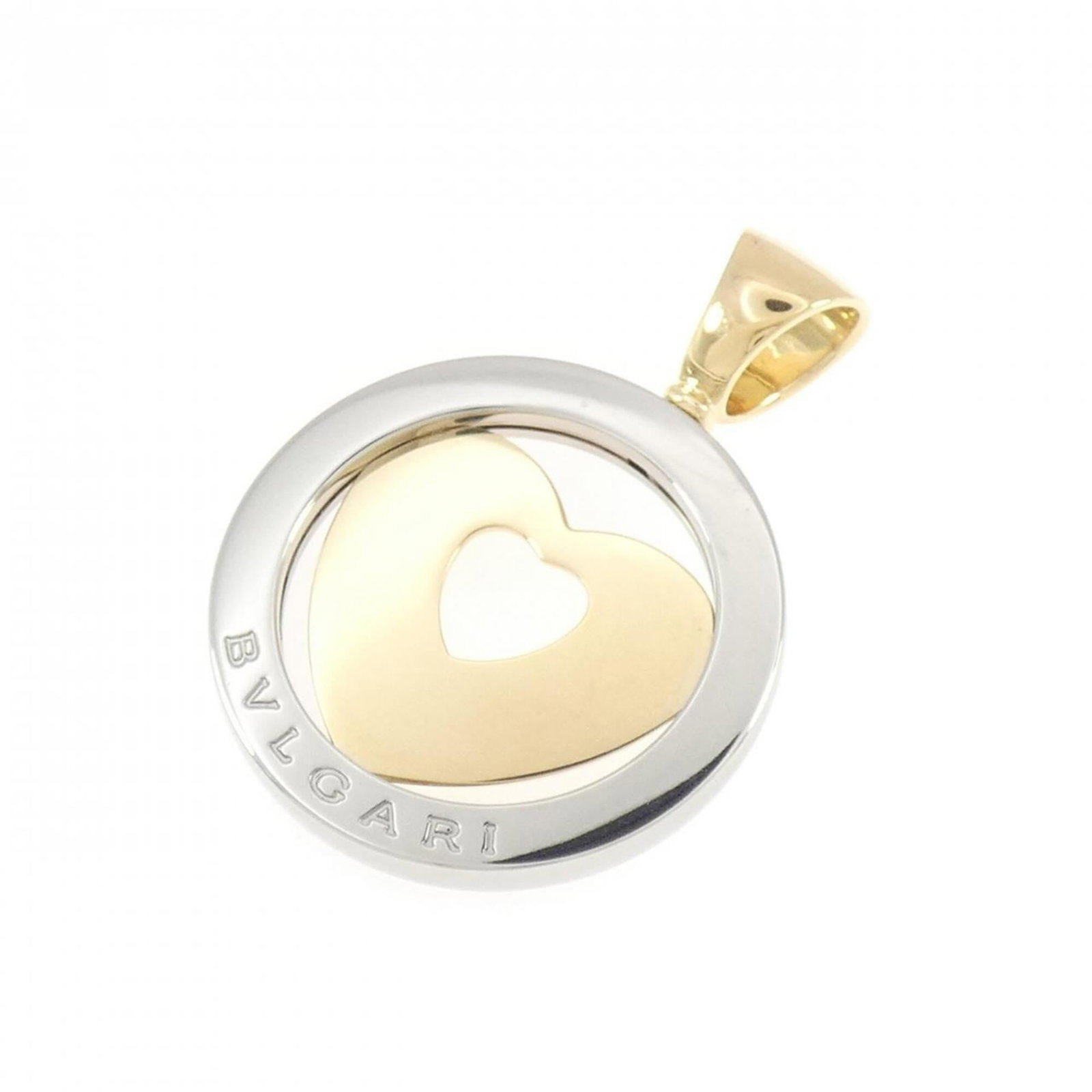 BVLGARI Stainless Steel Yellow Gold (18K): BVLGARI Stainless Steel Yellow Gold (18K) Stainless steel and 18K yellow gold come together in this striking BVLGARI pendant, measuring 43.8mm x 31.4mm. The pendant's silver and yellow gold tones add 